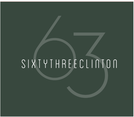 Logo with large gray number 63 and the word "sixtythreeclinton" in white, set against a dark green background.