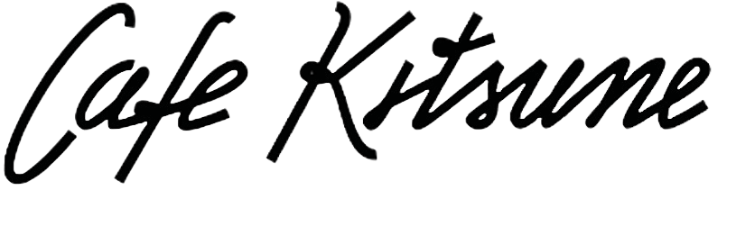 The image features the logo of a place called 'Cafe Kitsune' written in a black cursive script.