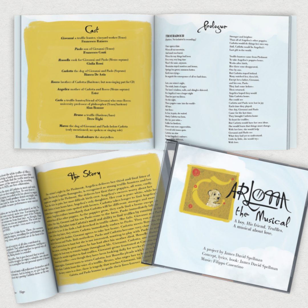 Album artwork and booklet layout for Carlotta: The Musical by James David Spellman and Filippo Cosentino. 