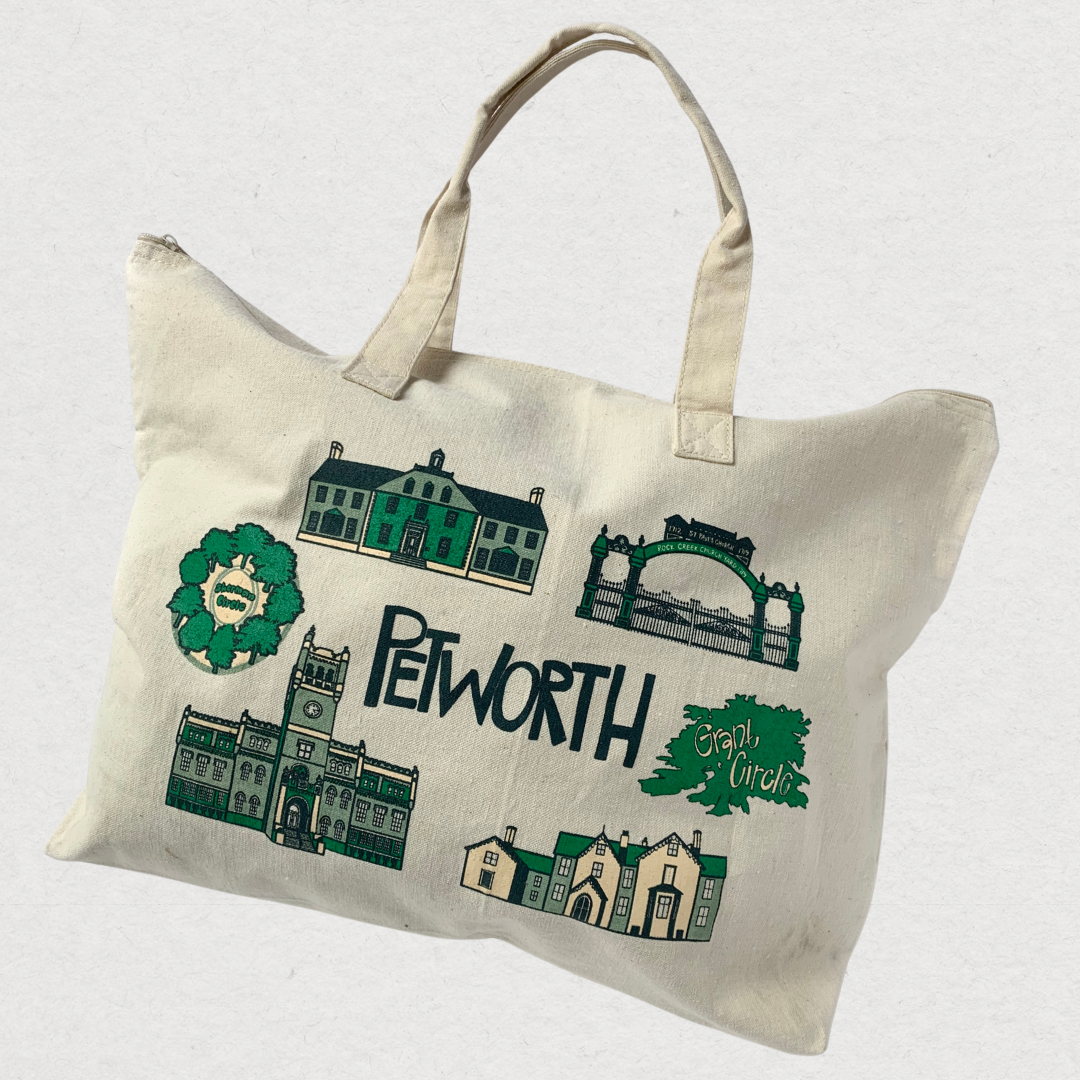 Illustrated neighborhood landmarks tote bag.