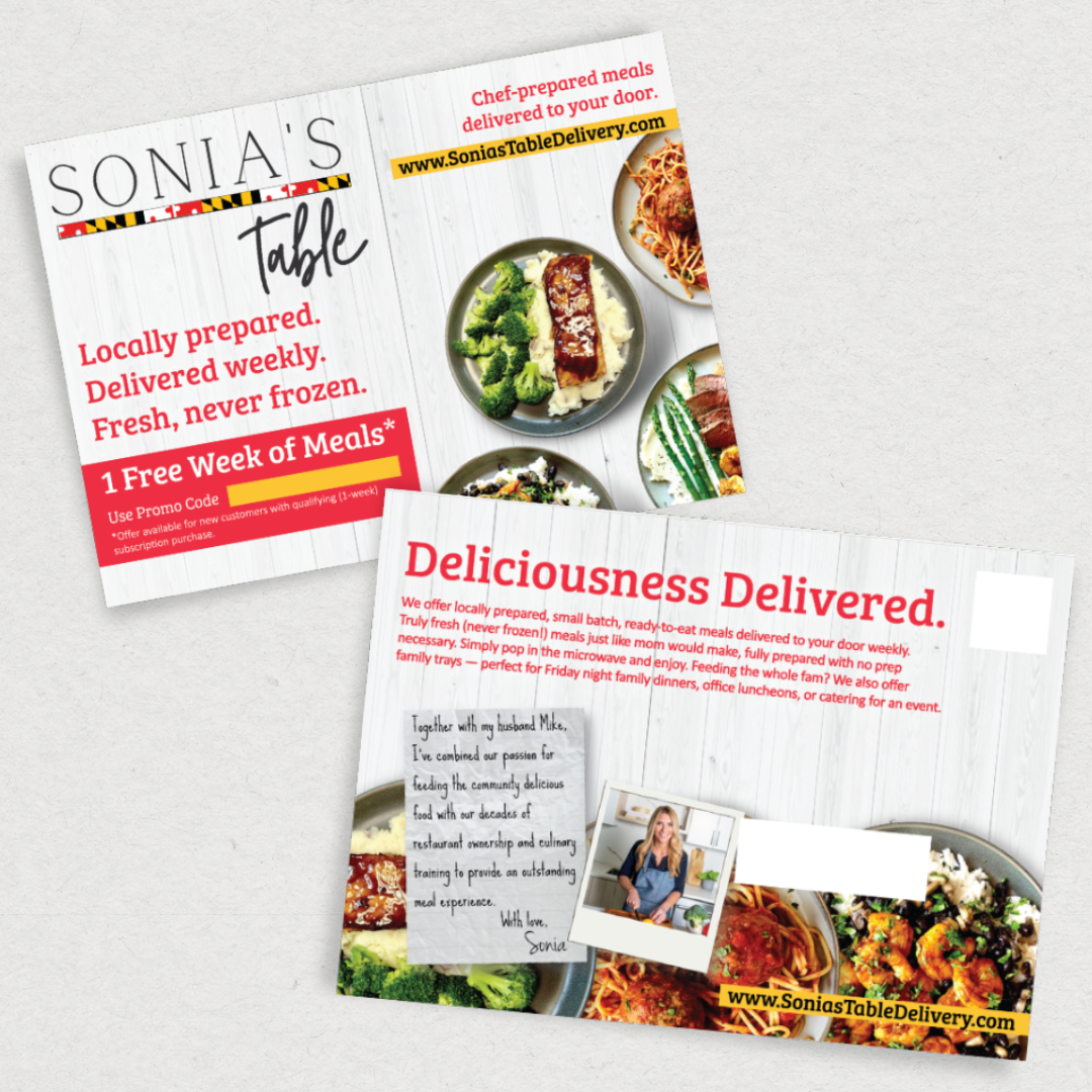 Direct mailer design for a local meal delivery service. 