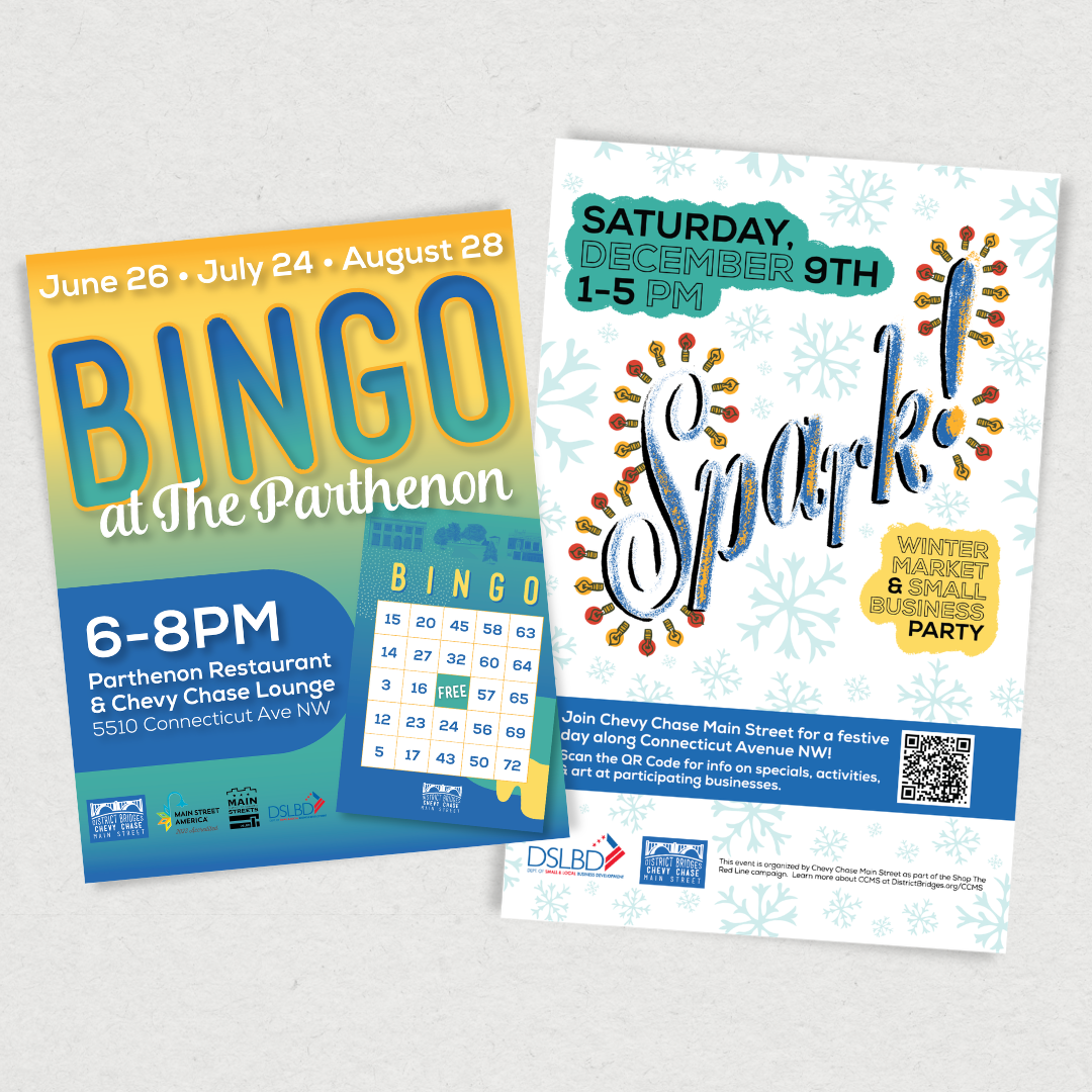 Event branding and print materials for Chevy Chase Main Street. 