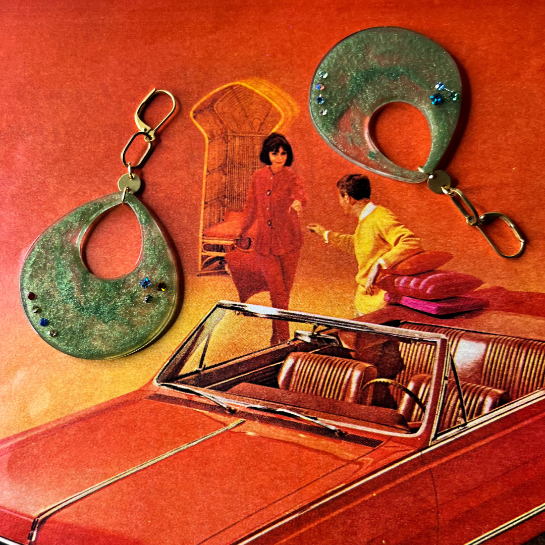 Handmade resin, brass, and vintage Swarovski crystal earrings.