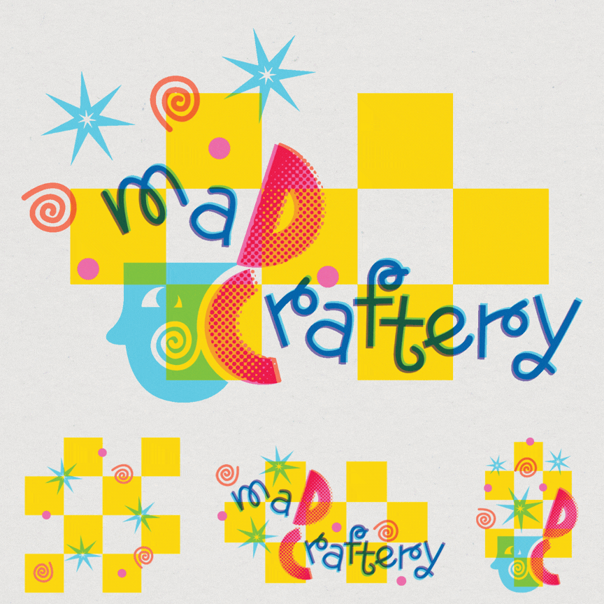 Logo design and creative assets for Merry Pin's "maDCraftery," a self-professed "bizarre bazaar" where offbeat artists and crafters can showcase and sell their madcap works. The client specifically requested a risograph look. We achieved this through