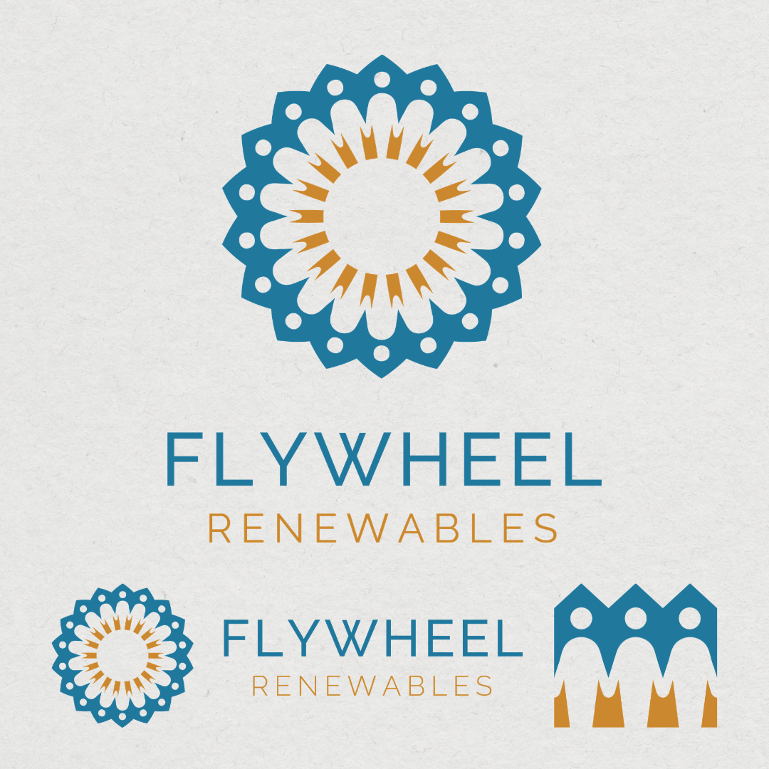 Logo design for Flywheel Renewables, a sustainable developer focused on building solar infrastructure in the DMV. The design features a sunflower which resembles a gear. The sunflower motif is made up of figures holding hands. When lined up, the figu