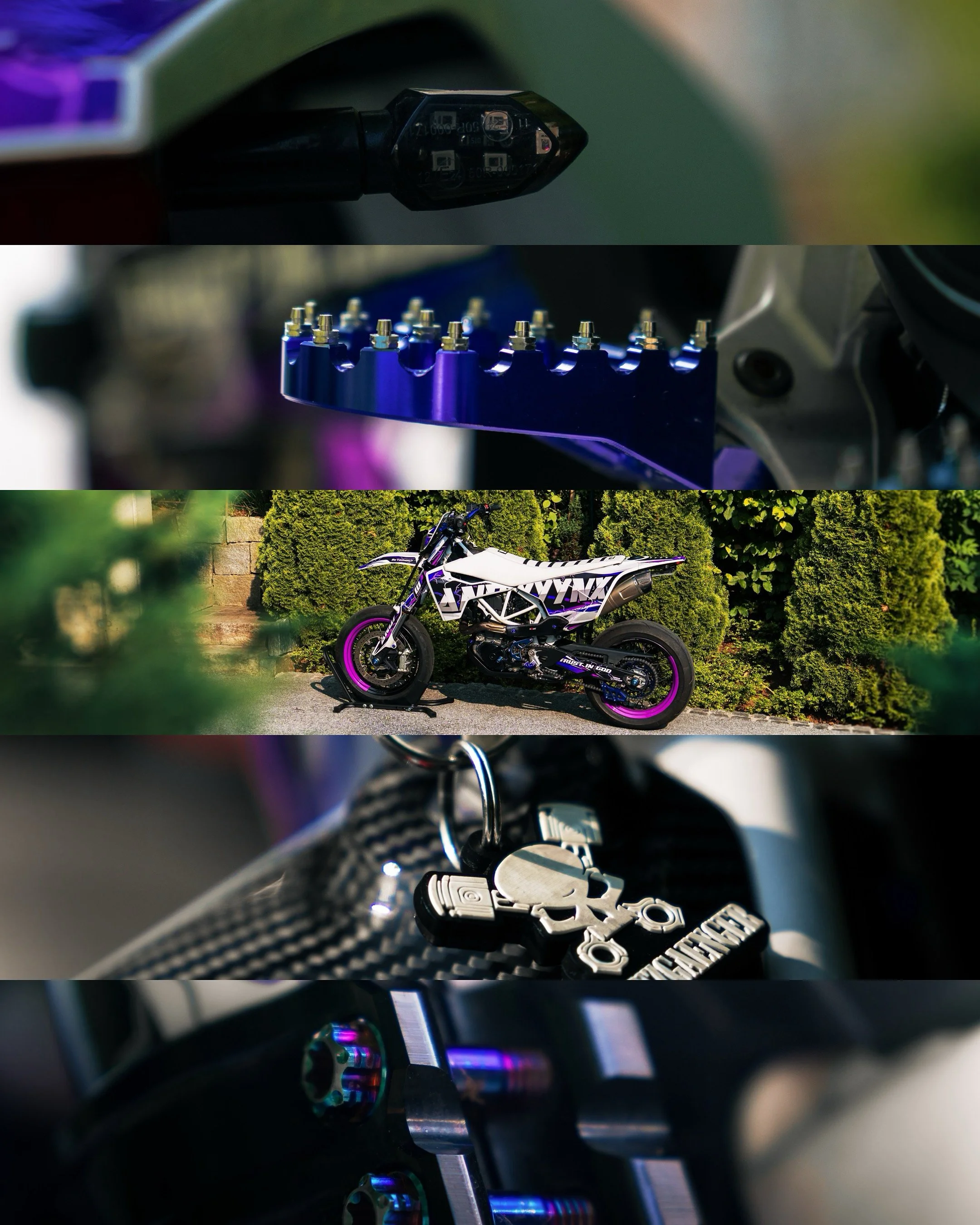 Nahaufnahme eines Motorrads mit gelben, schwarzen und lila Akzenten, vor einer grünen Hecke.