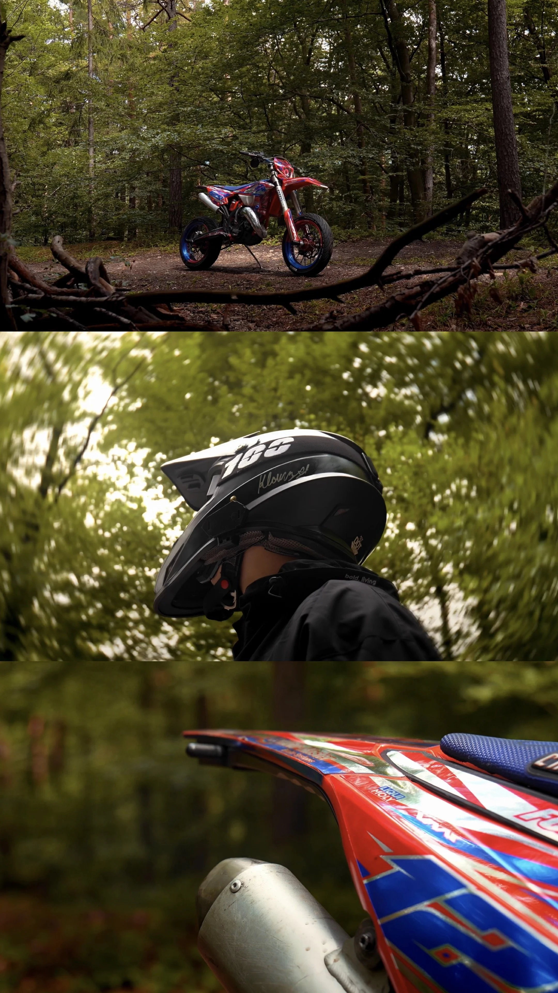 Drei Bilder von einem Outdoorterrain mit Motocross-Fahrern. Das erste Bild zeigt ein rotes Motocross-Motorrad in einem Wald. Das zweite Bild ist eine Nahaufnahme eines Fahrers mit einem schwarzen Helm mit Signatur, umgeben von Blättern. Das dritte Bi
