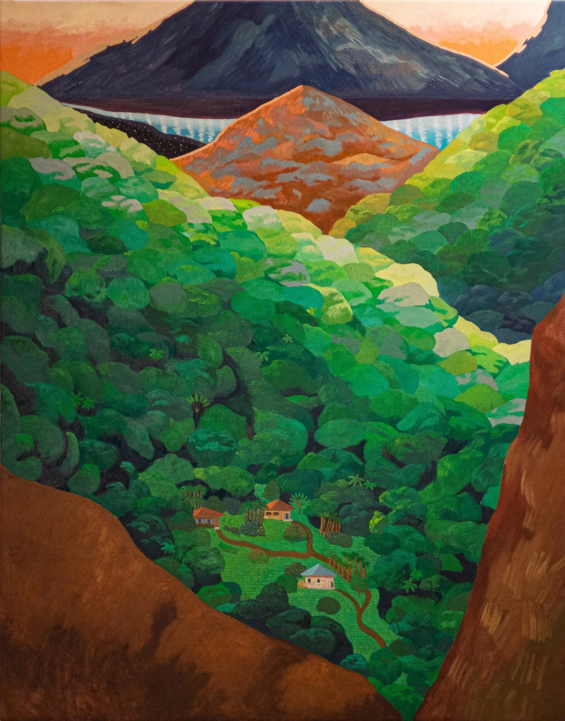 A colorful painting of a lush green valley with small houses and a winding path, surrounded by mountains and a lake in the background with sunset sky.