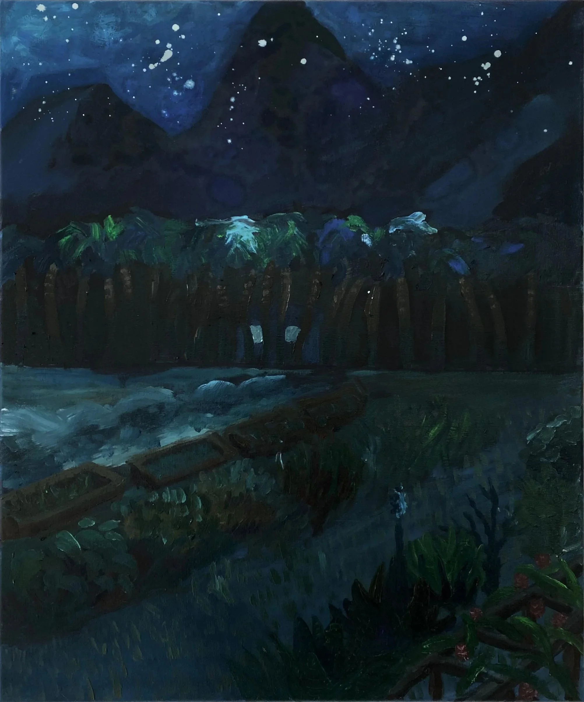 A painting of a night scene with mountains, a starry sky, a row of trees, a river, and a path with a person walking.