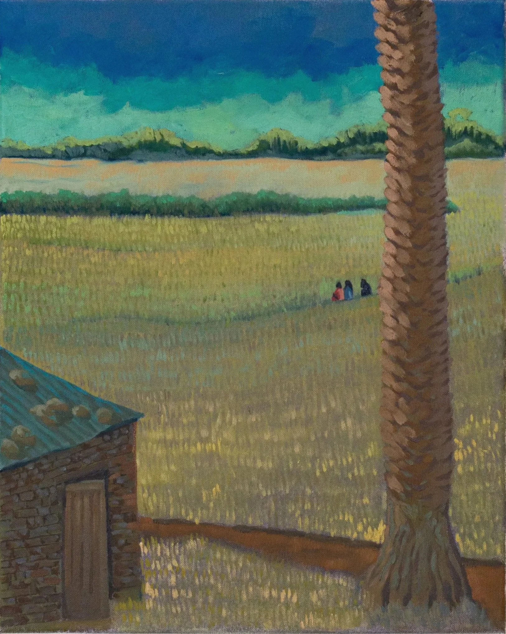 A painting of a rural landscape with a green field, a fence, a large palm tree, and four people sitting under the trees in the distance. There's a small stone building with a metal roof in the foreground.