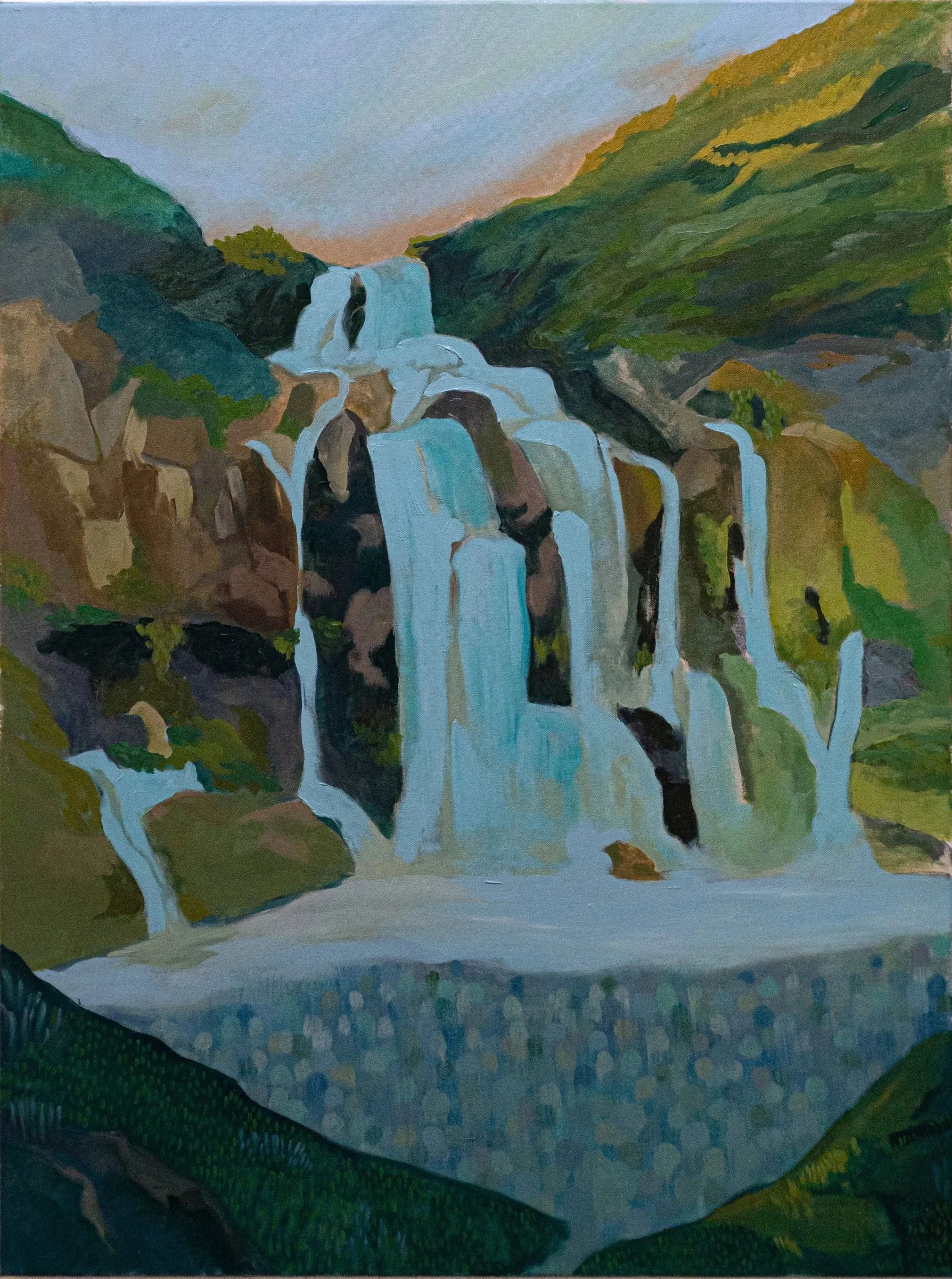 Painting of a cascading waterfall amidst rocky and green hilly landscape under a sky.
