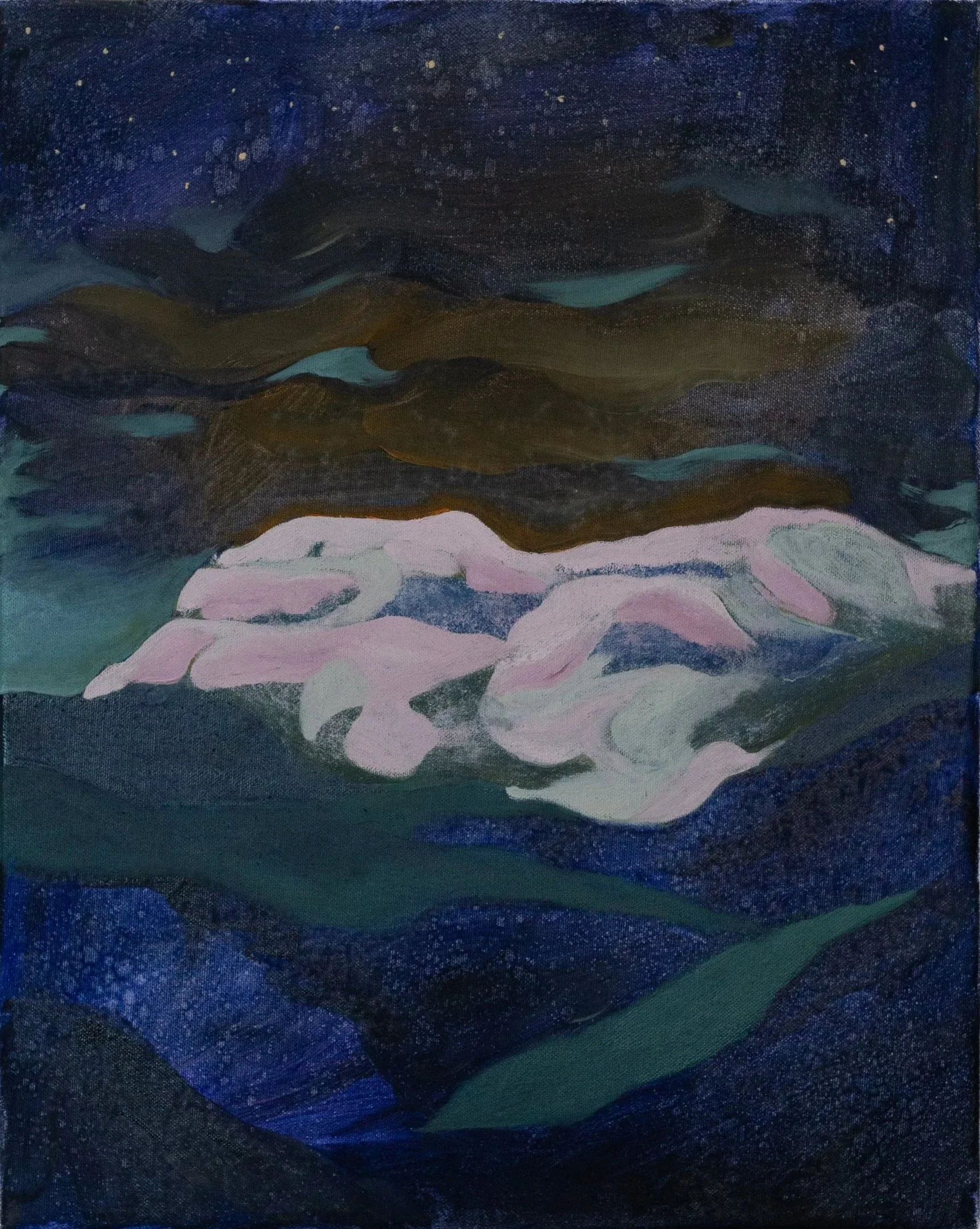 Abstract painting of a mountain landscape, with dark sky, rugged colorful mountains and green hills.