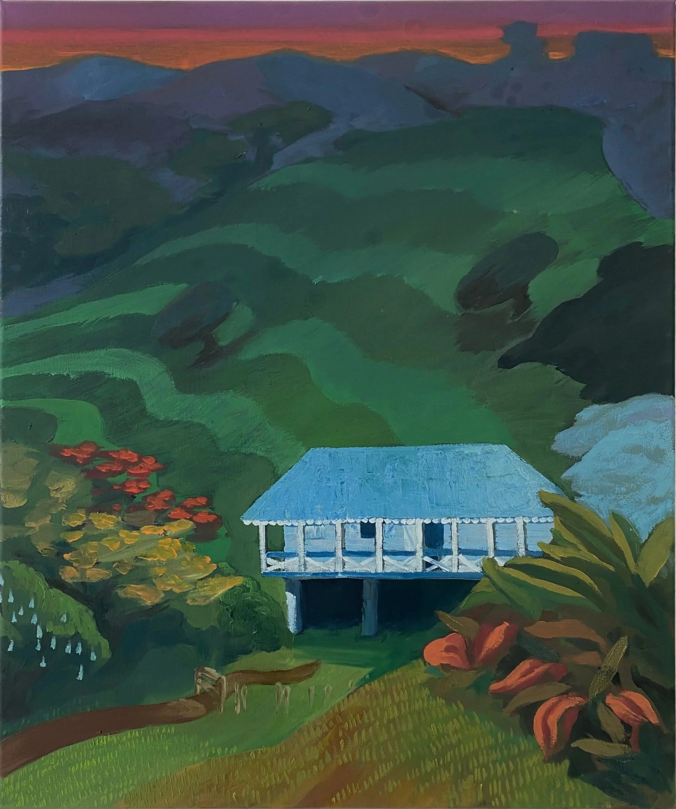 A painting of a lush, green landscape with rolling hills, trees, and bushes. In the center, there is a blue house on stilts with a thatched roof. The scene is set at sunset with a colorful sky in the background.