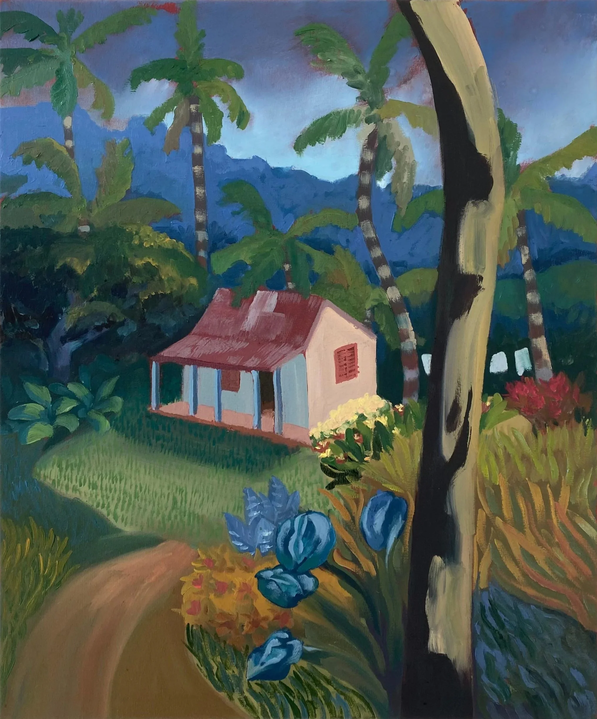 Painting of a tropical landscape with palm trees, a small house with a red roof, surrounded by lush green plants and colorful flowers.