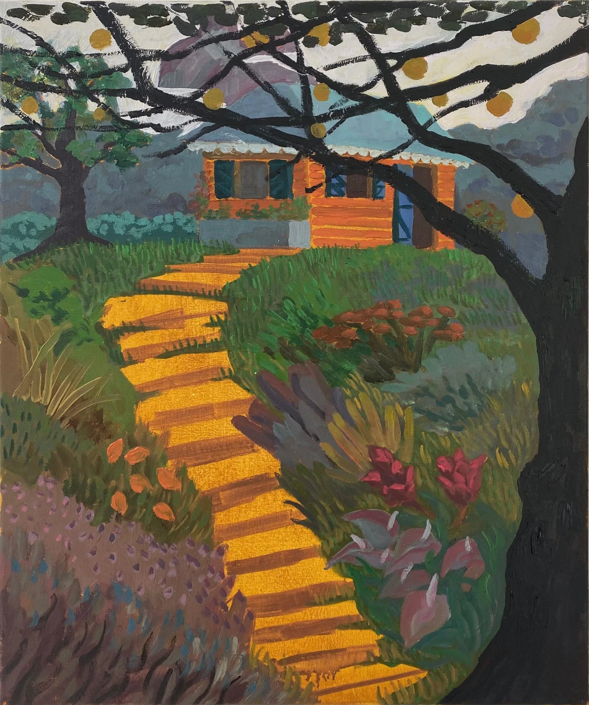 A colorful painting of a house with a porch, surrounded by trees and lush green gardens. A winding yellow pathway leads up to the house, with vibrant flowers along the path and in the garden.