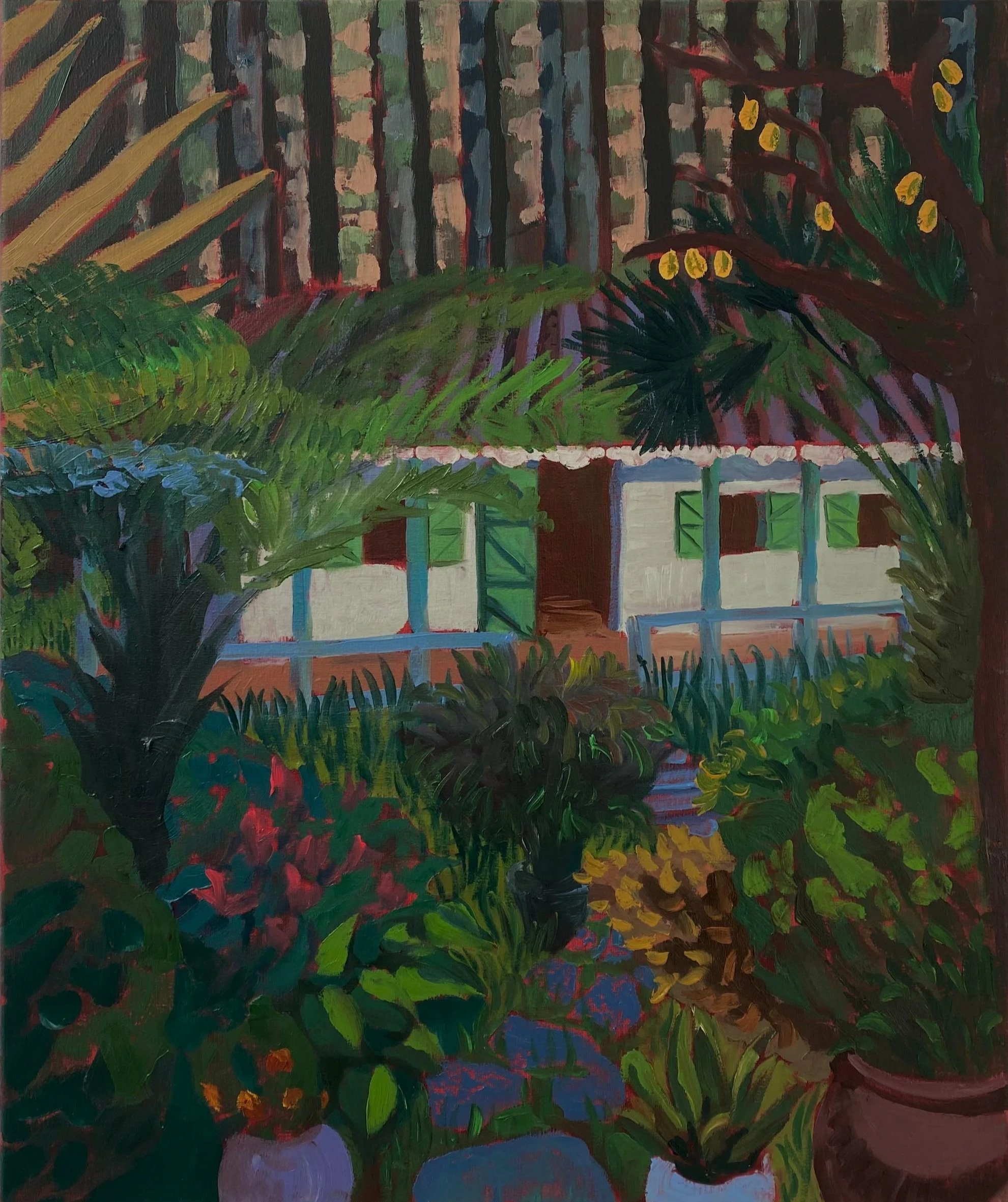 A colorful painting of a garden scene with various plants and a small house with green shutters in the background.