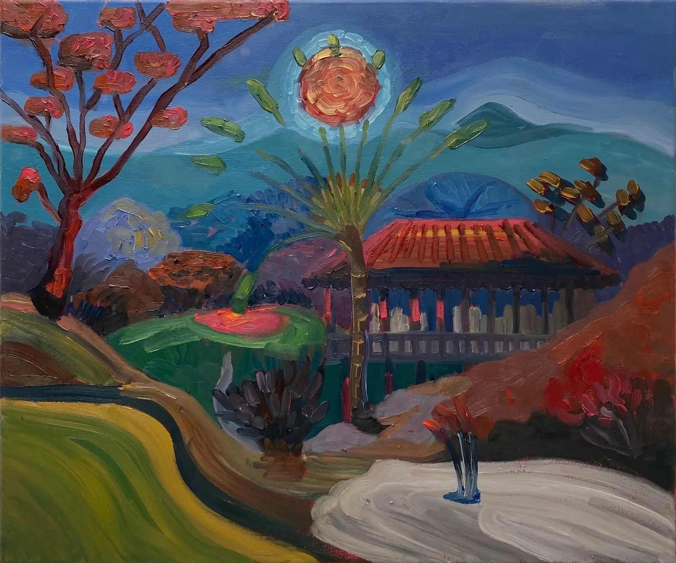 An impressionistic painting of a garden scene with a small pond, a fountain, colorful trees, and a pavilion with a red roof in the background. The sky is blue with green hills.