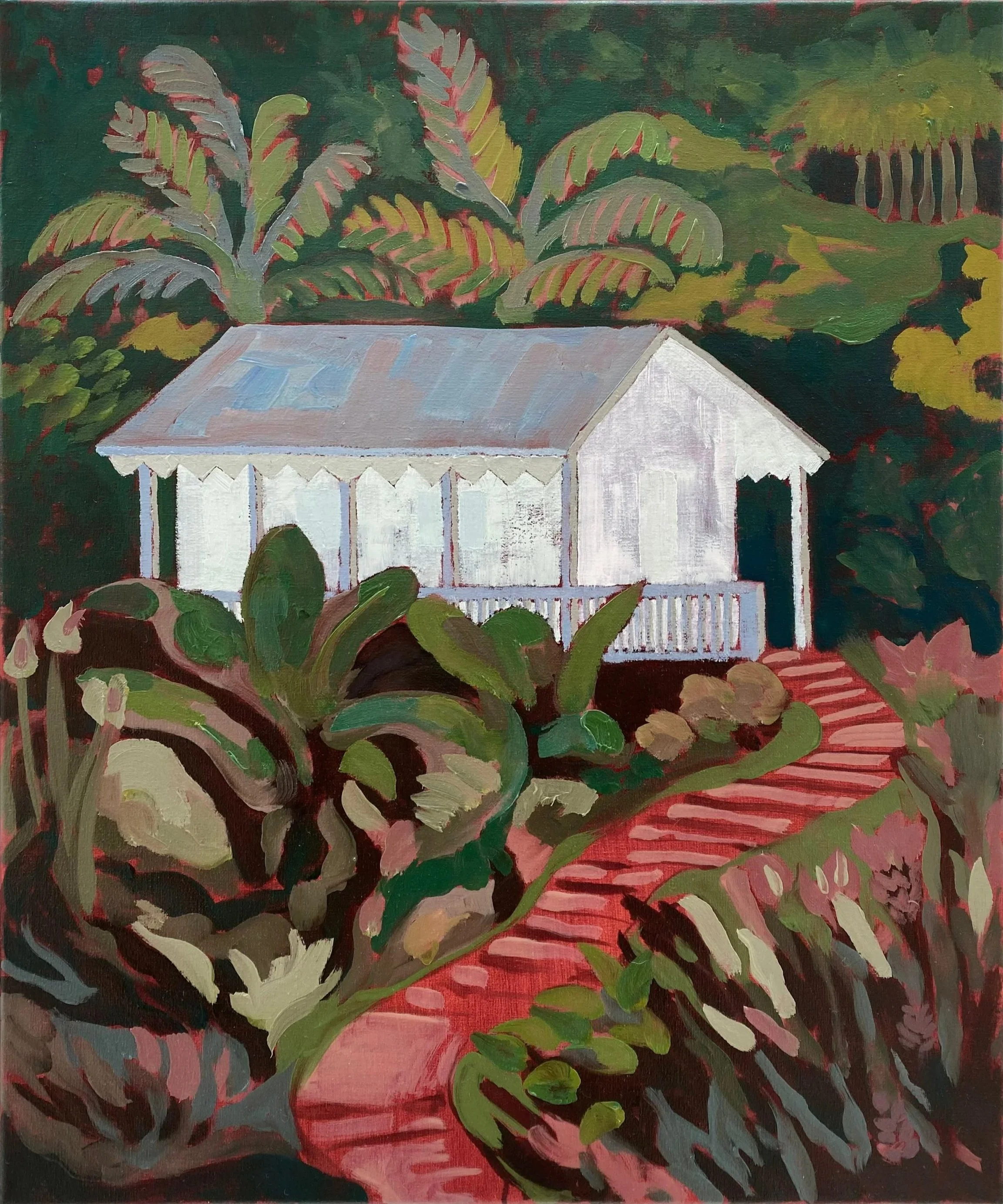 A painting of a white house with a porch, surrounded by lush green foliage and plants. A red pathway leads up to the house.