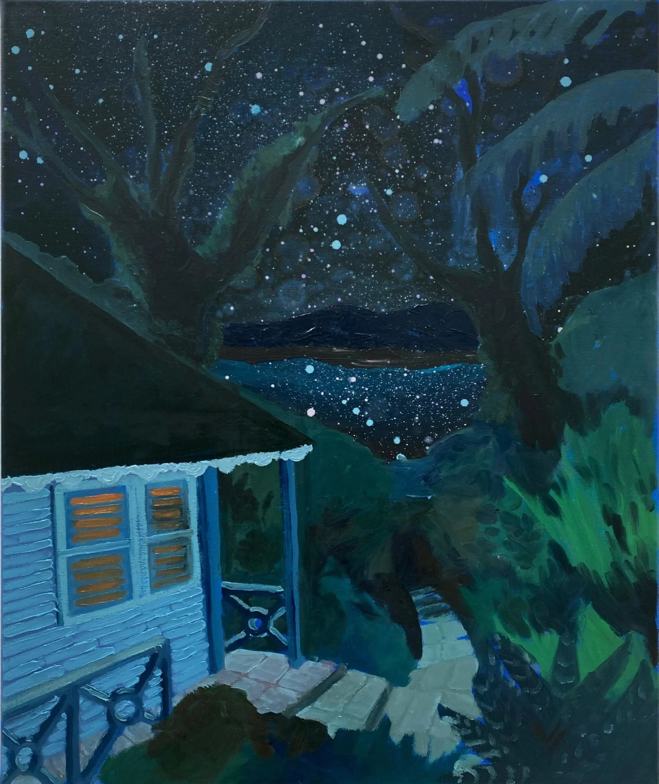 Painting of a starry night sky with trees and a small porch of a house with wooden steps.