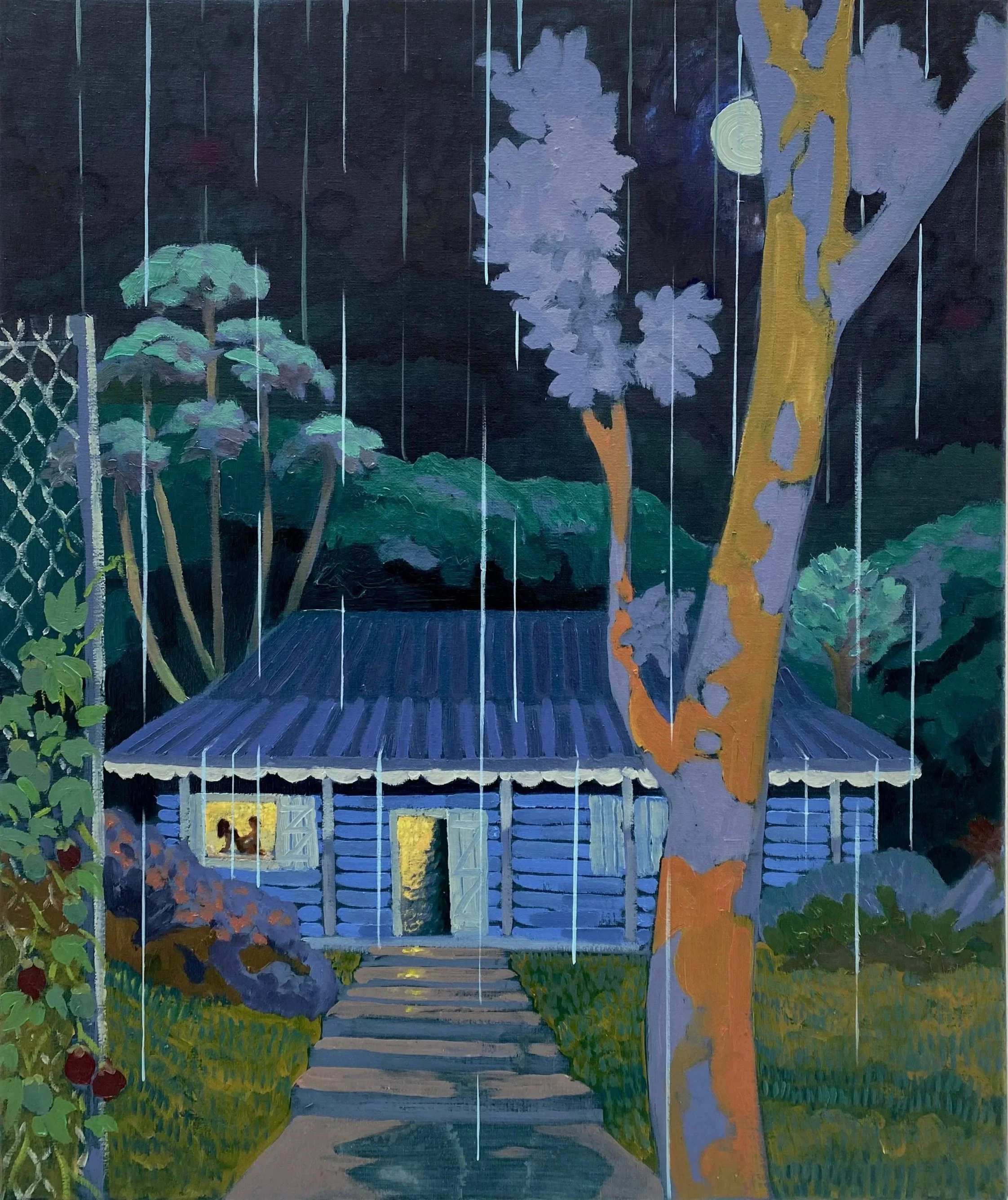 A painting of a house with a blue exterior, illuminated from within, surrounded by trees and plants. It depicts rain falling on a pathway leading to the front steps.