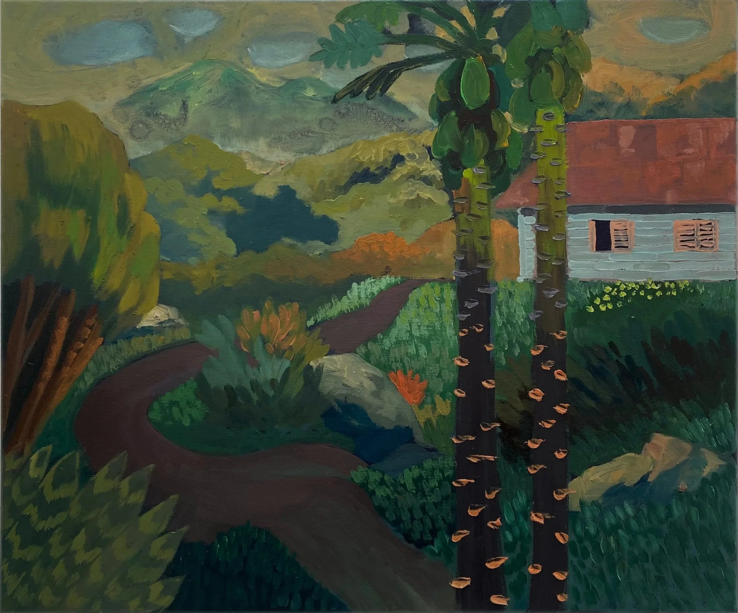 A colorful landscape painting featuring a winding dirt path, lush green bushes, tall palm trees, a small house with a red roof, and mountains in the background under a cloudy sky.