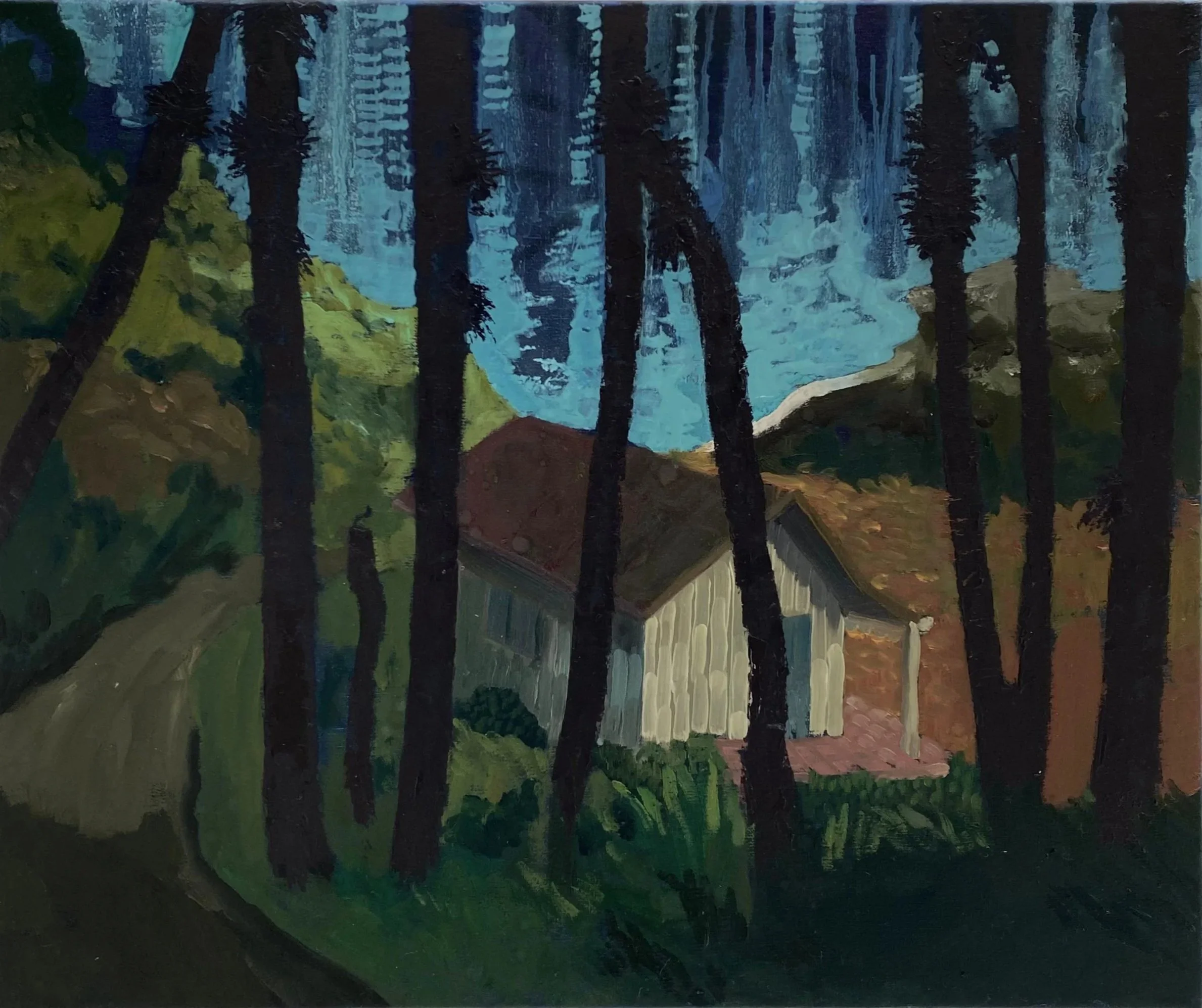 A painting of a house surrounded by tall trees with green foliage, set against a blue sky with hints of clouds.