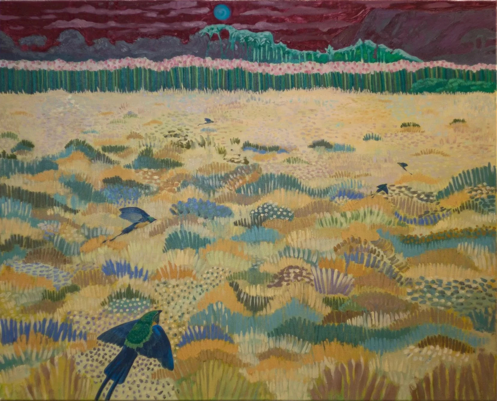 Colorful painting of a landscape scene with a field of different colored grasses, a line of trees and pink flowering bushes at the horizon, mountains, and a dark red sky with a bright blue moon. Several blue and green birds are flying low over the fi