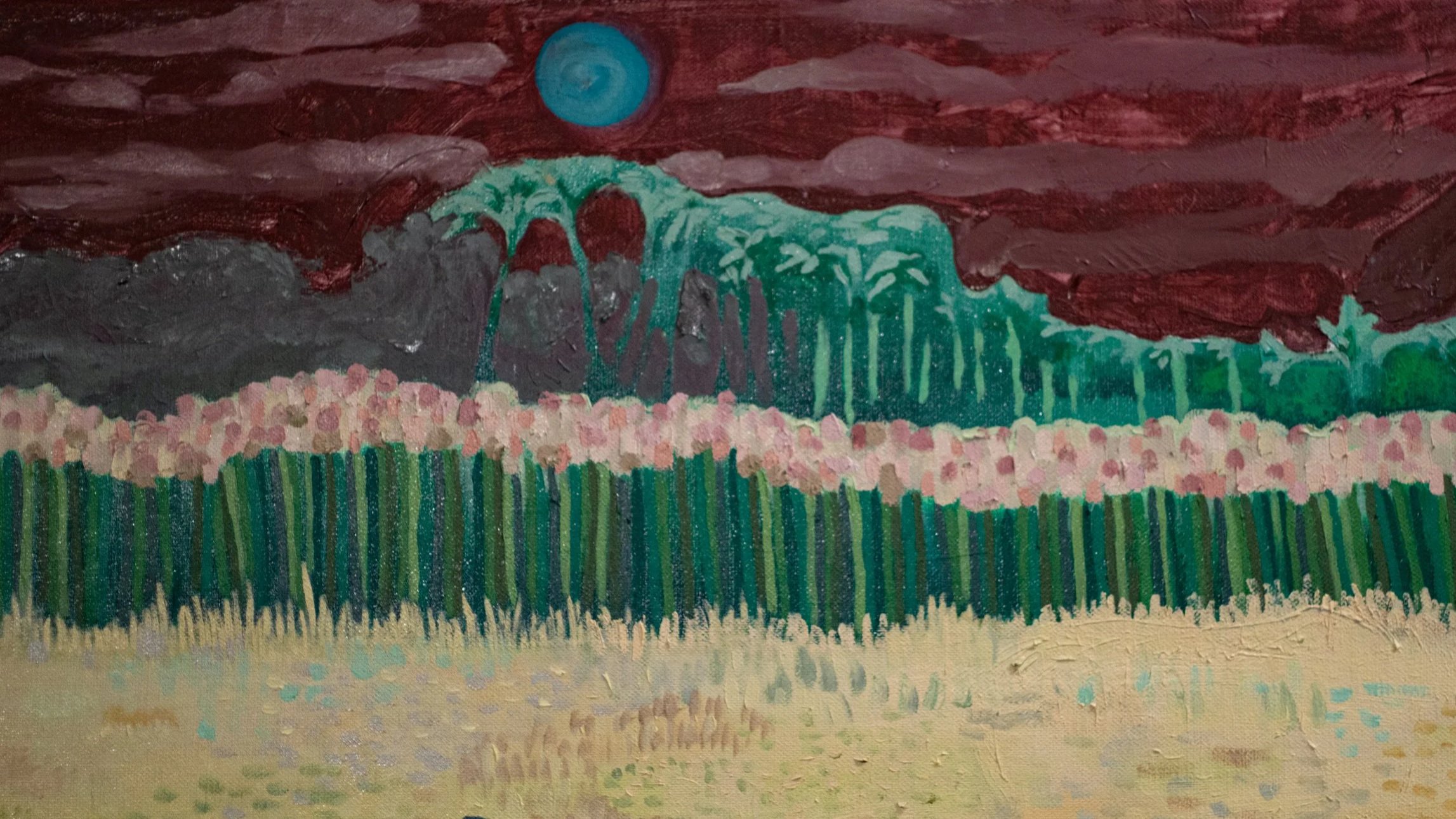 A painting of a landscape with a dark reddish sky, a blue moon, and a blue-green flowing waterfall over a pink flowering field and green grass under the sky.