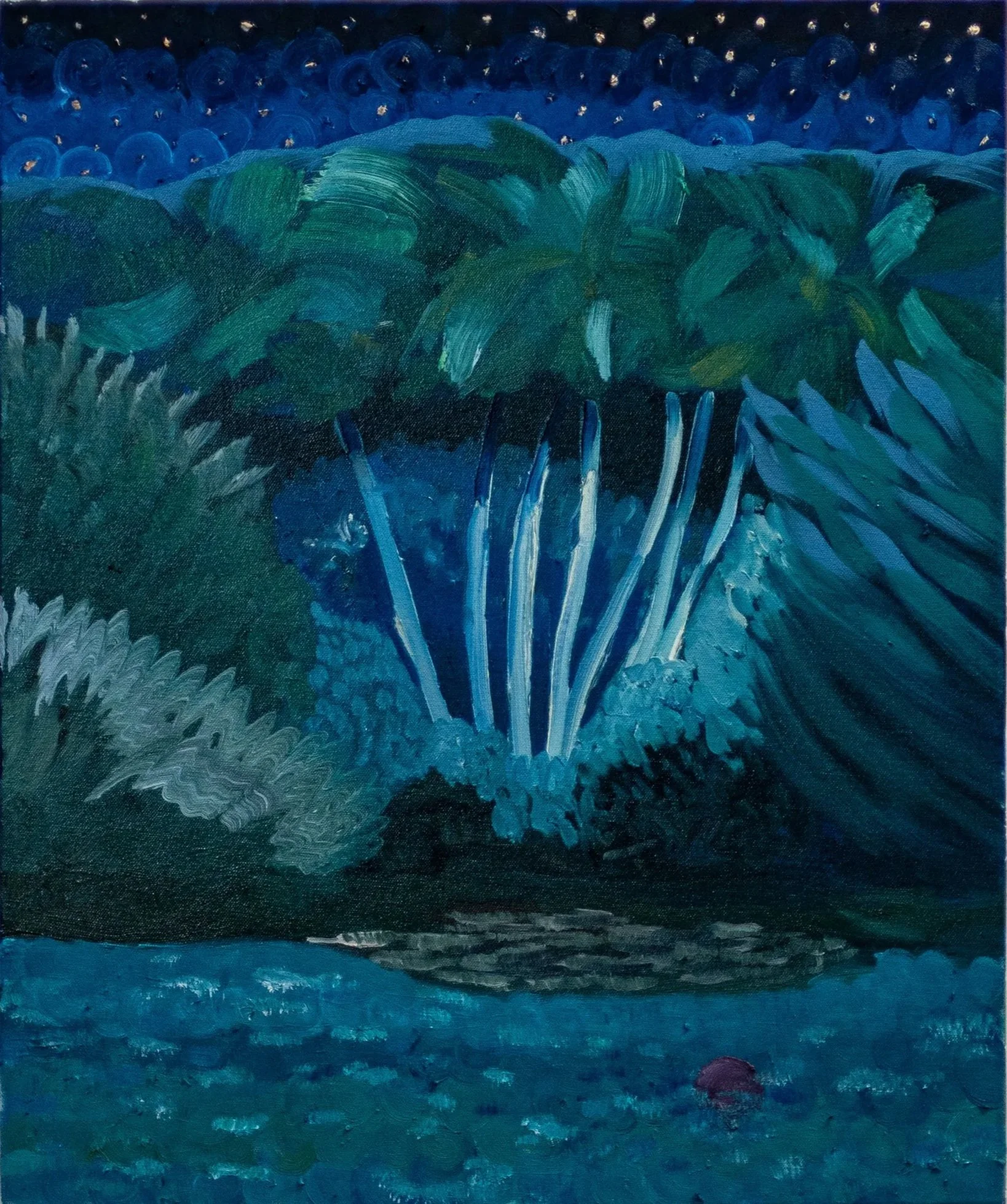 A painting of a lush landscape scene with a waterfall cascading into a river, surrounded by green vegetation, under a starry night sky.