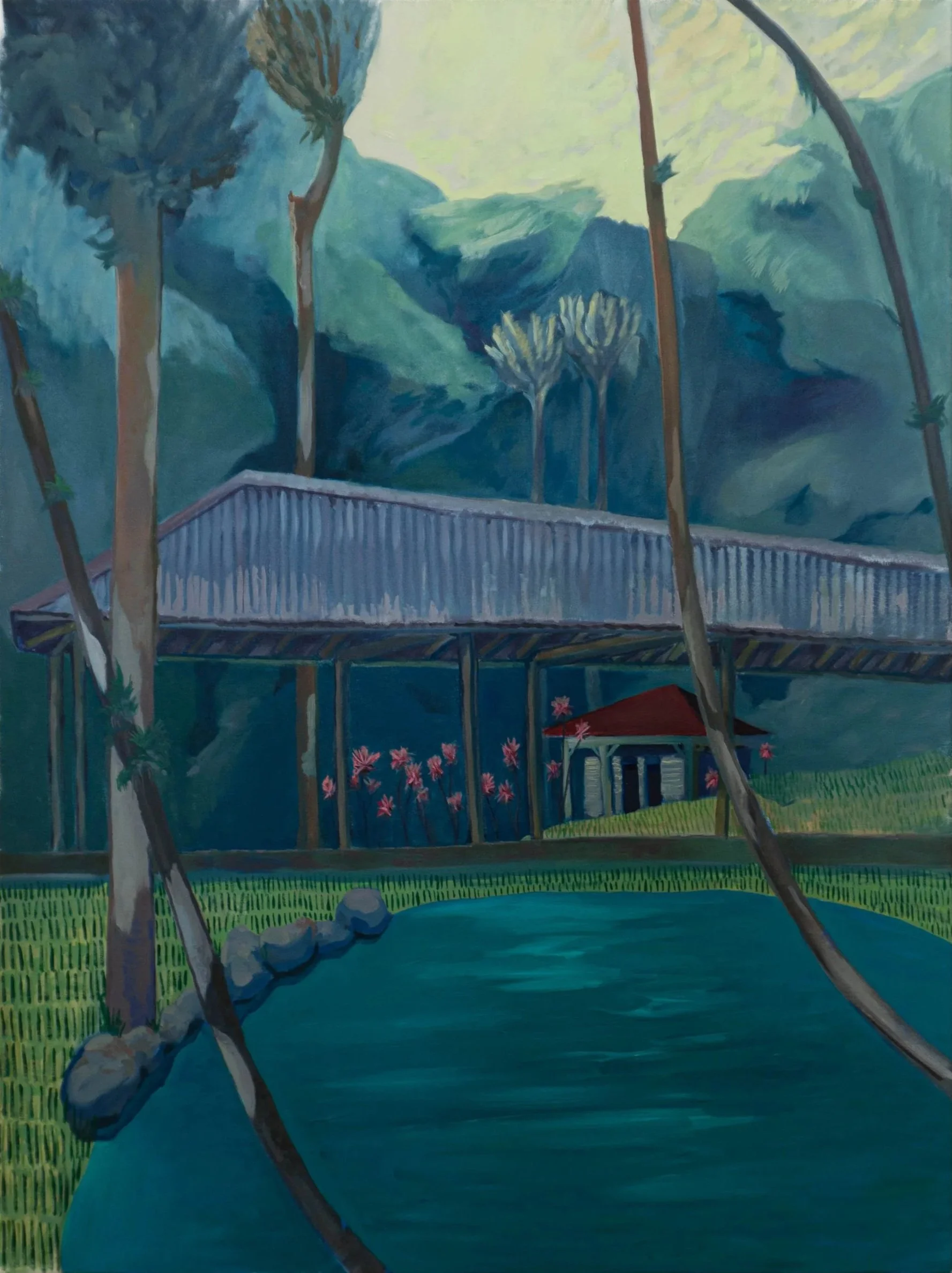 A painting of a traditional house with a red roof, set amidst lush greenery, with a pond in the foreground surrounded by a stone border and trees, and a mountain range in the background.