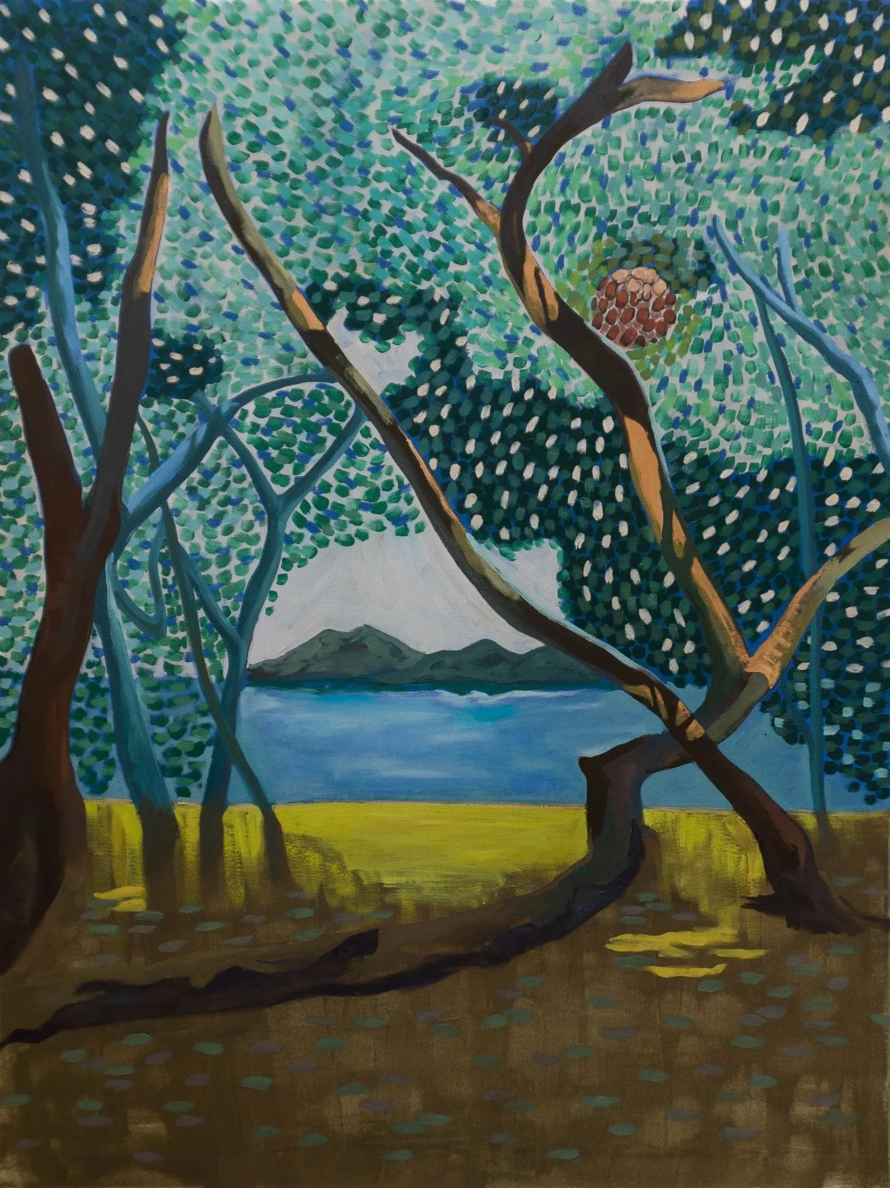 Painting of a landscape featuring a body of water with mountains in the background, trees in the foreground, and a nest in one of the trees.