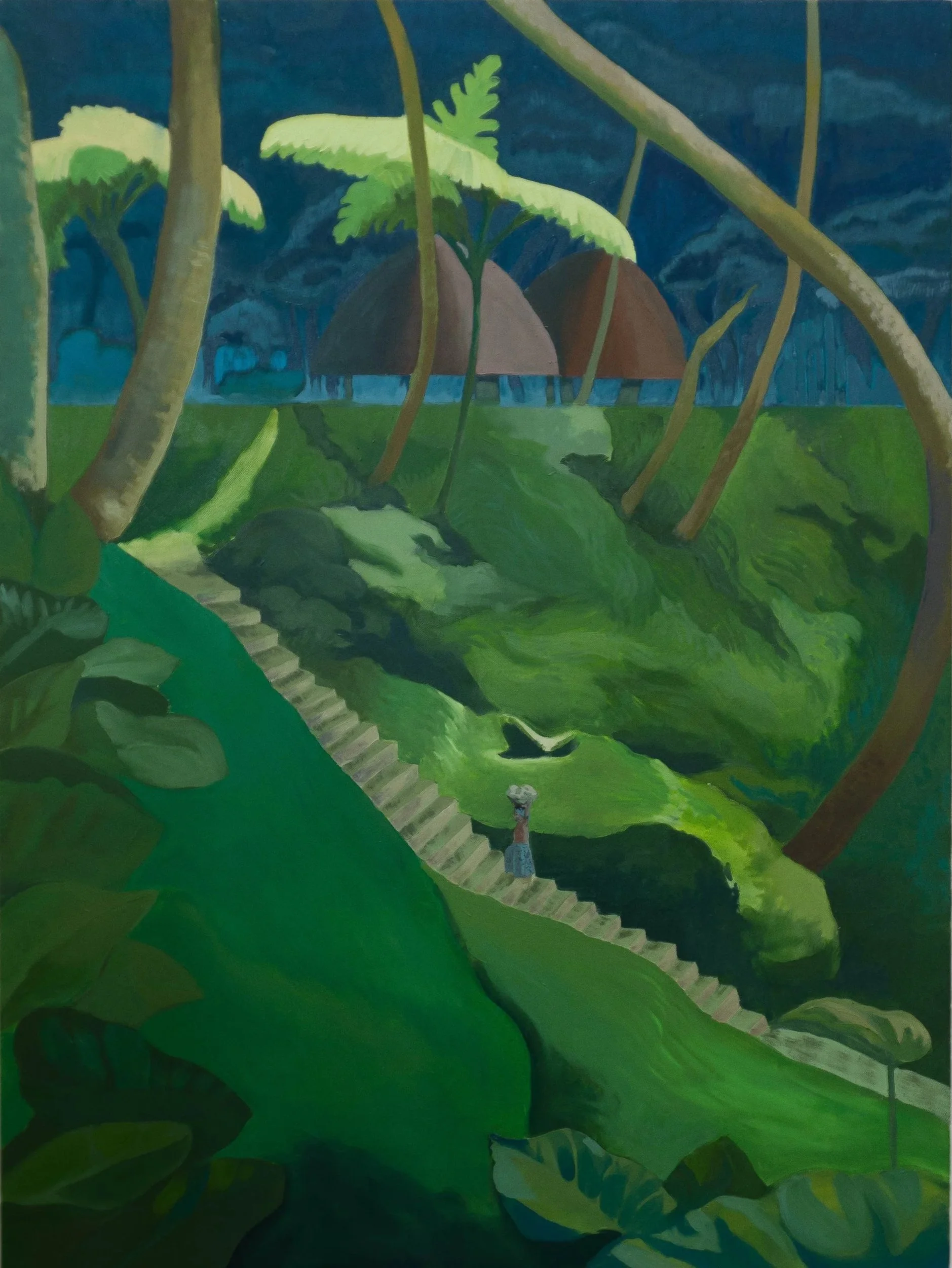 A vibrant, stylized painting of a lush green landscape with tall trees, large leaves, and a pathway with stairs. There are mountains and a dark blue sky in the background, and a person walking along the pathway carrying a basket.