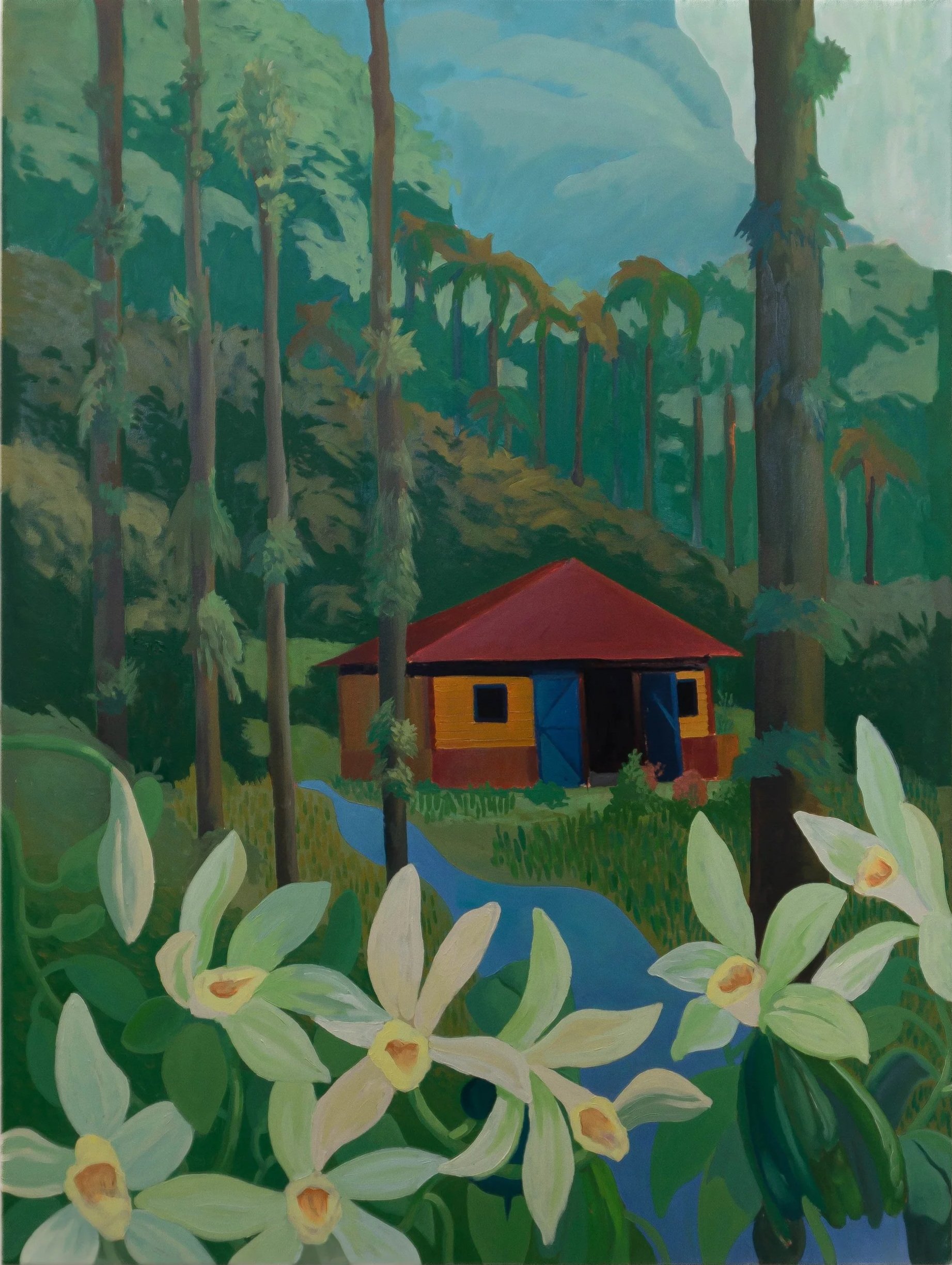 A colorful painting of a small wooden house with a red roof, set in a lush forest with tall trees, green foliage, and a winding blue stream in the foreground, with white flowers at the bottom of the painting.