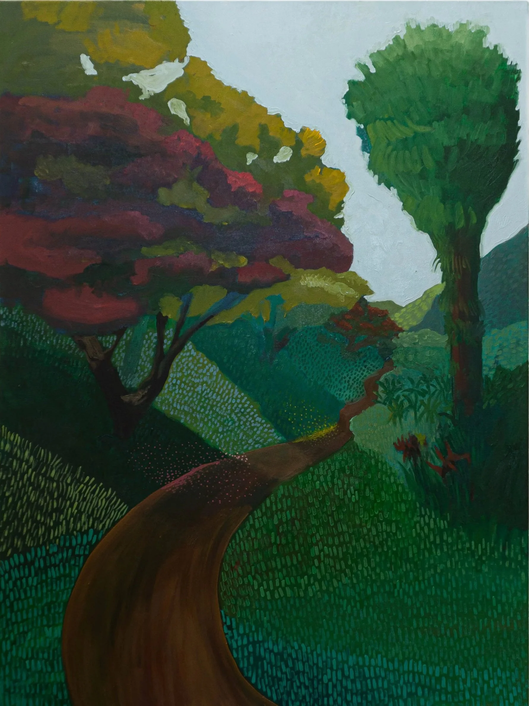 A painted landscape of a winding dirt path through green hills with trees, including colorful foliage and a large, prominent tree on the right.