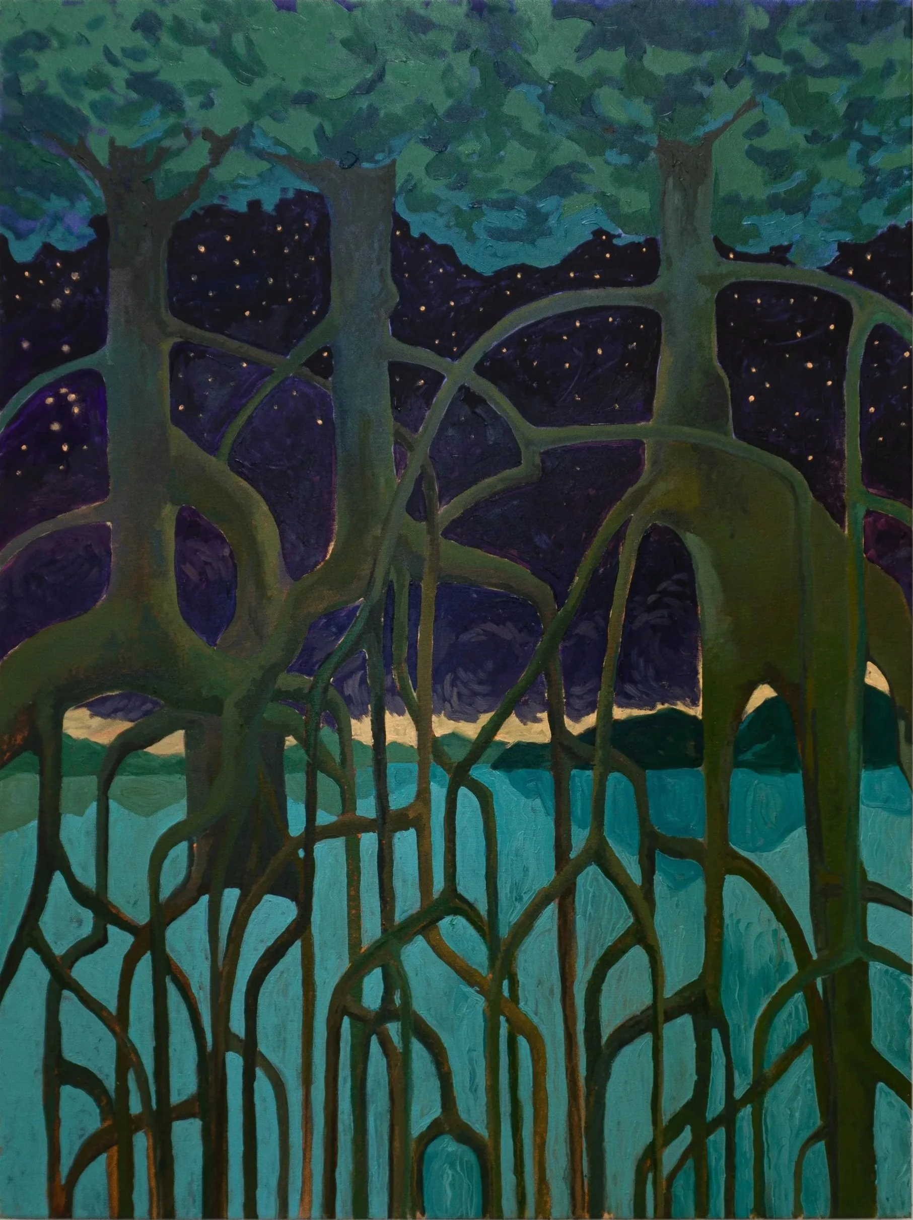A painting of tall trees with thick green trunks and branches, underneath a starry night sky with visible stars, and a water body with a blue reflection at the bottom.