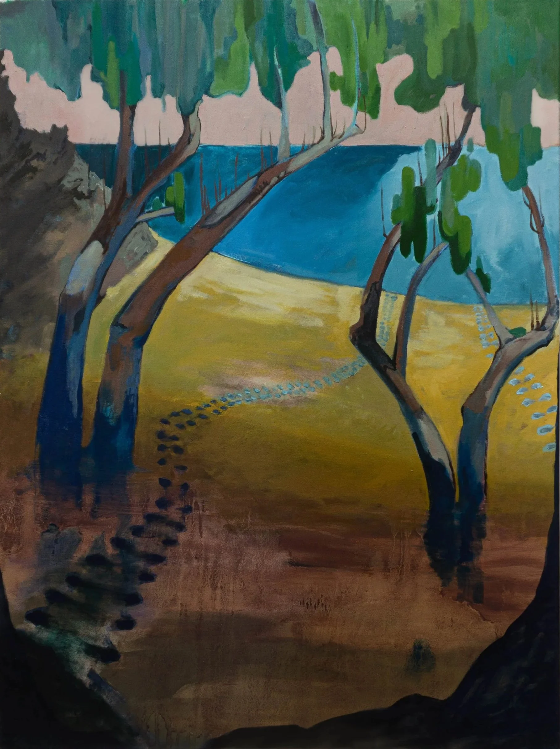 Painting of a landscape with three trees in the foreground, a yellow hill, blue water, and a pinkish sky in the background.