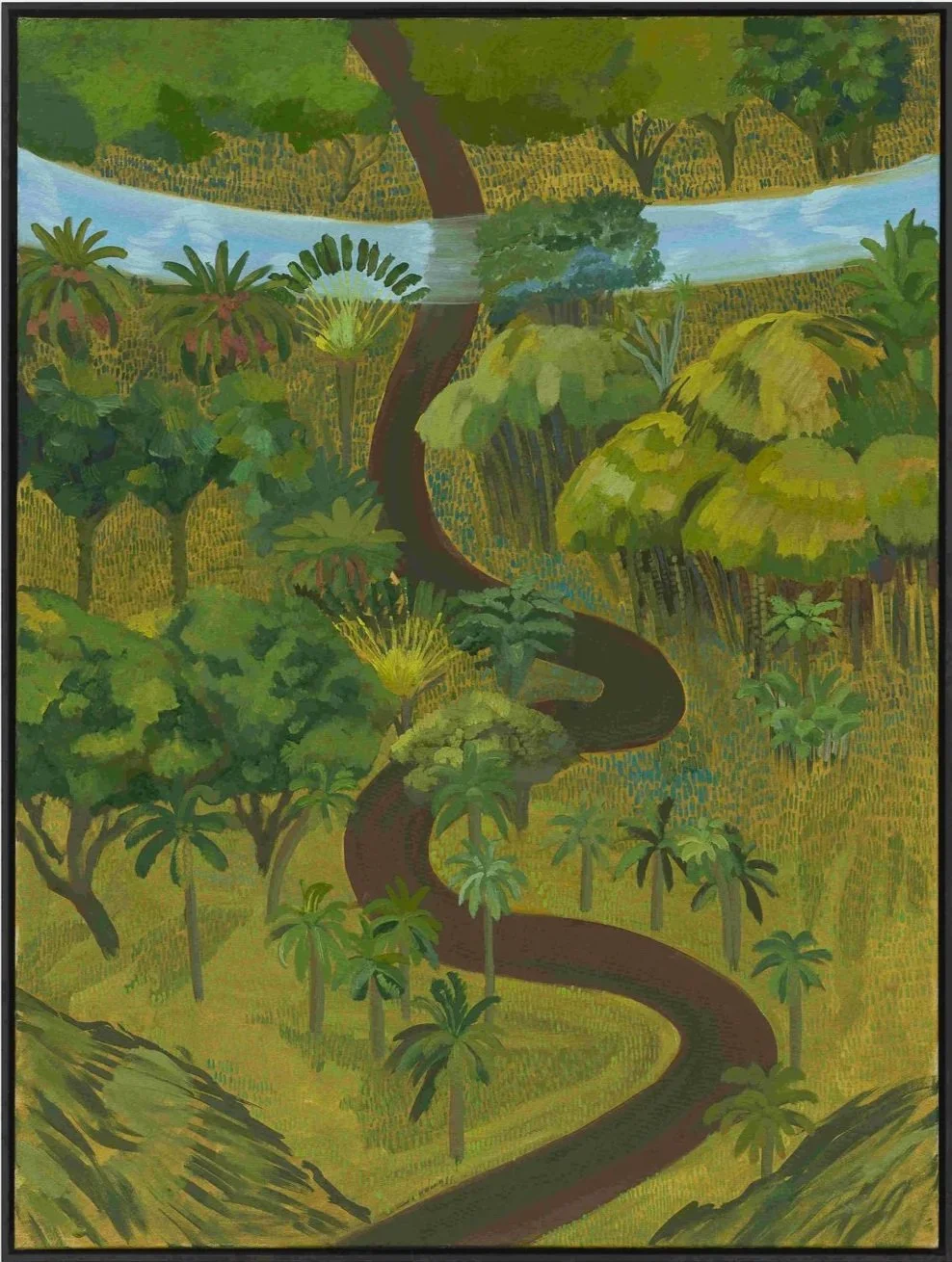 Painting of a tropical landscape with a winding river, lush green trees and large foliage, and a river in the background under a partly cloudy sky.