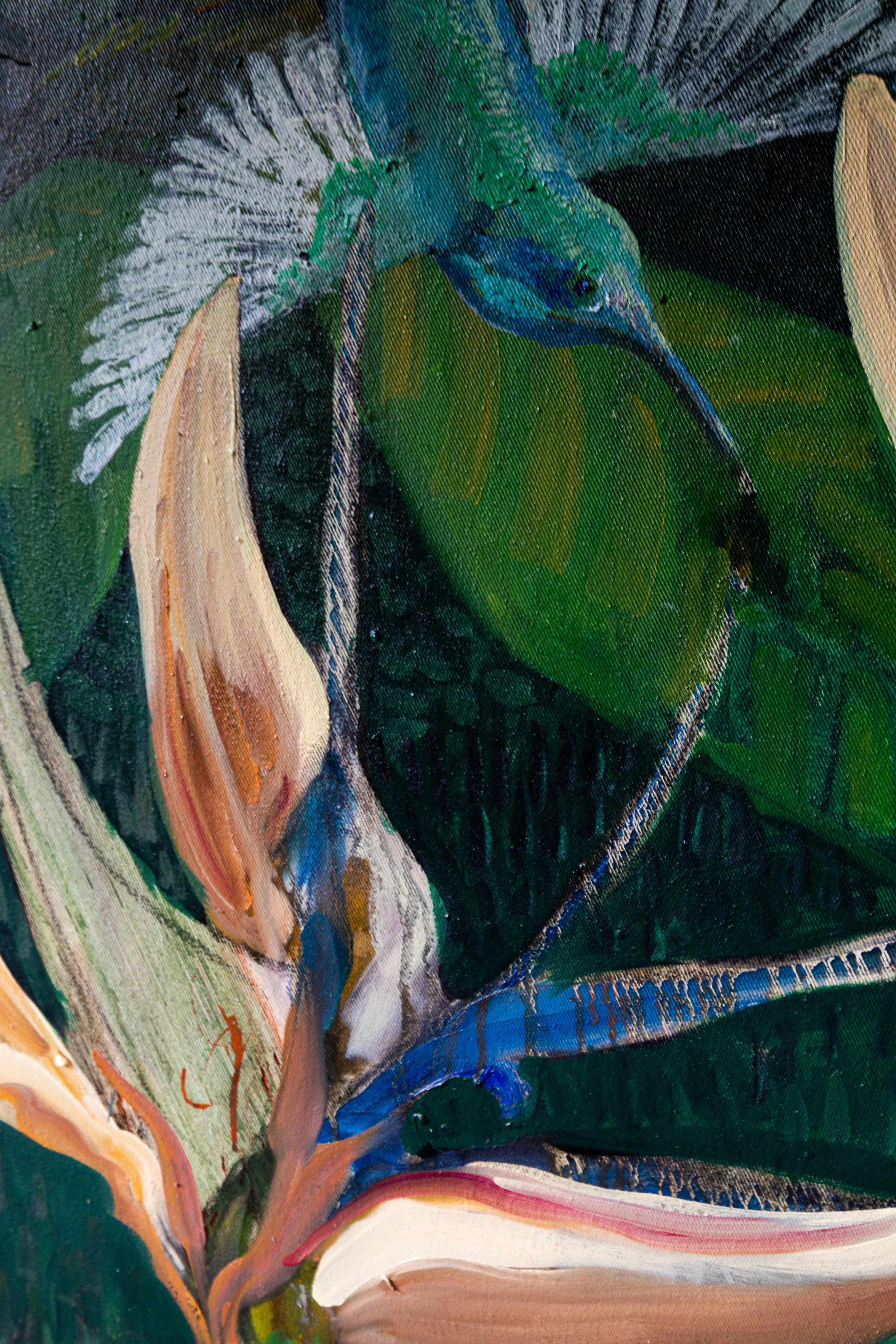 Close-up of a colorful painting featuring a bird with a long beak, surrounded by large green and beige leaves.