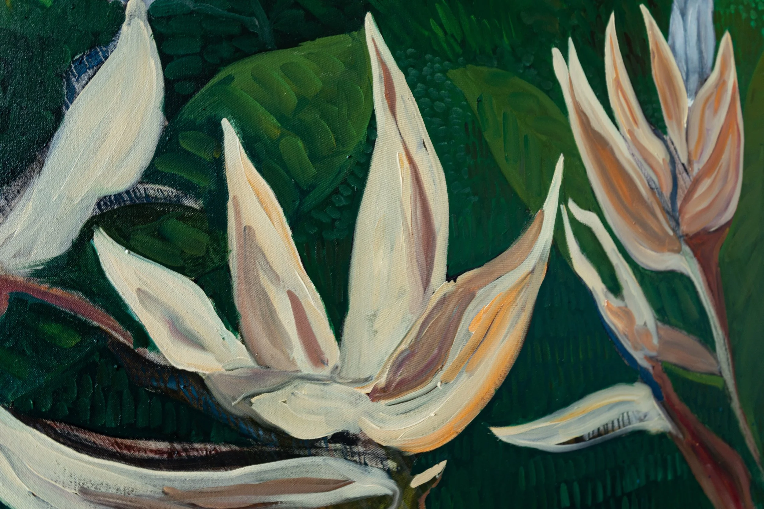 Close-up of a painting featuring tropical plants with green leaves and large creamy white flowers.