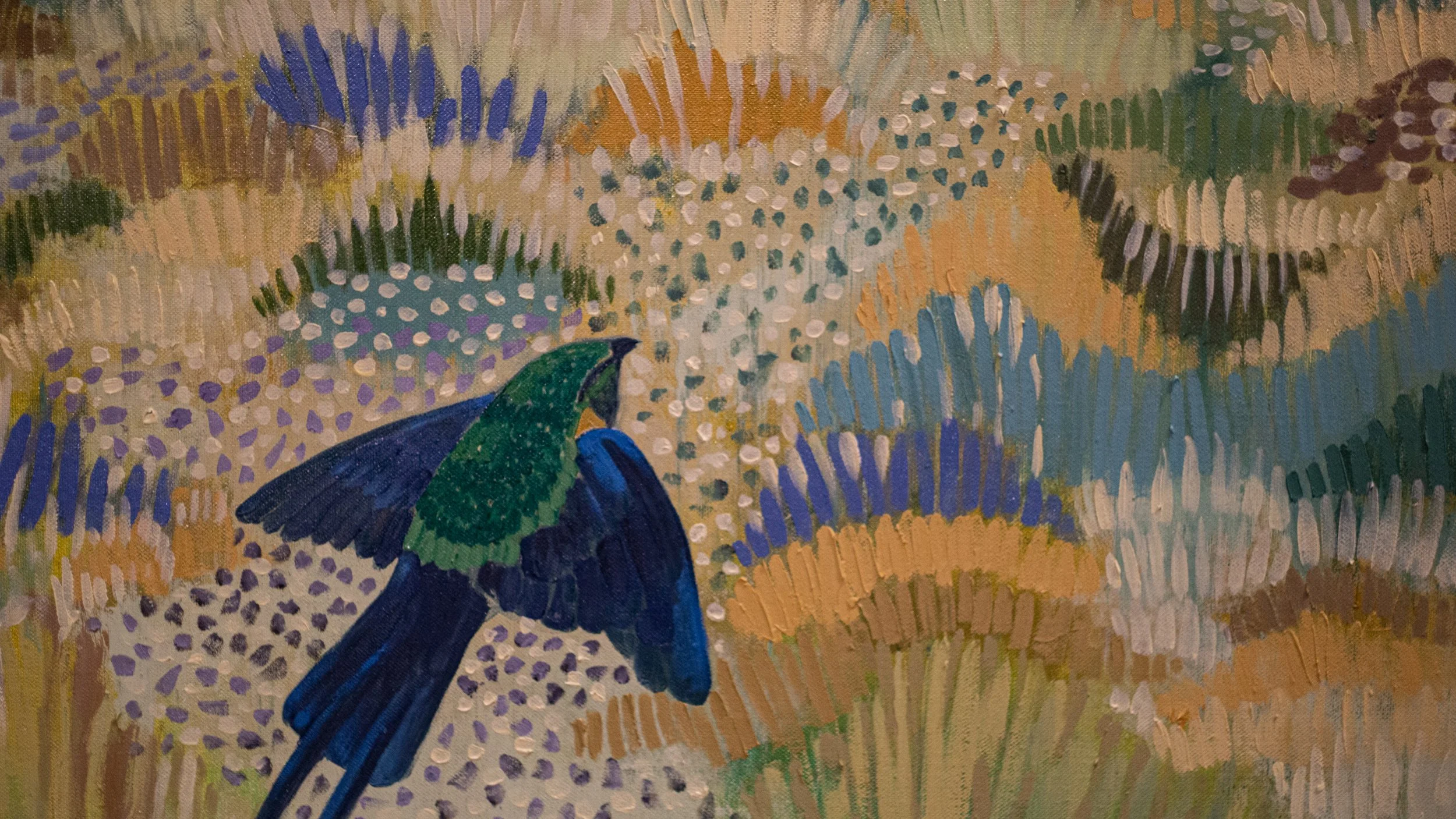 A colorful painting of a bird with blue and green feathers perched on a branch in a vibrant, abstract floral background.