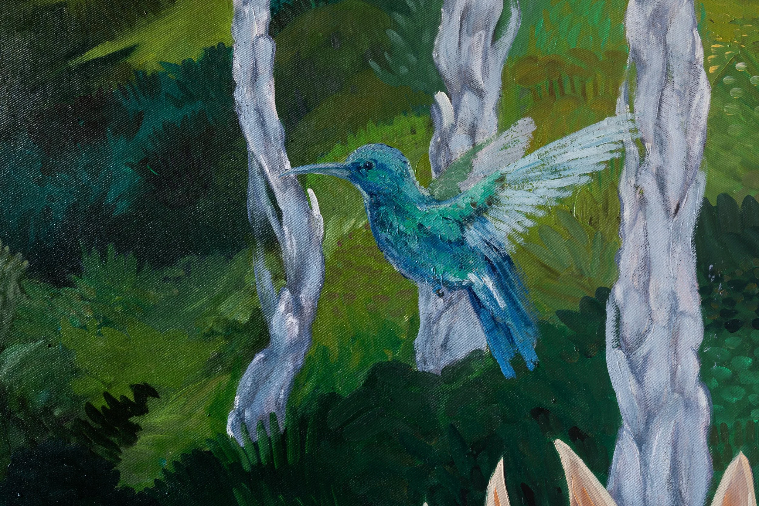 Painting of a blue and green hummingbird perched on a branch amidst green foliage and tree trunks.