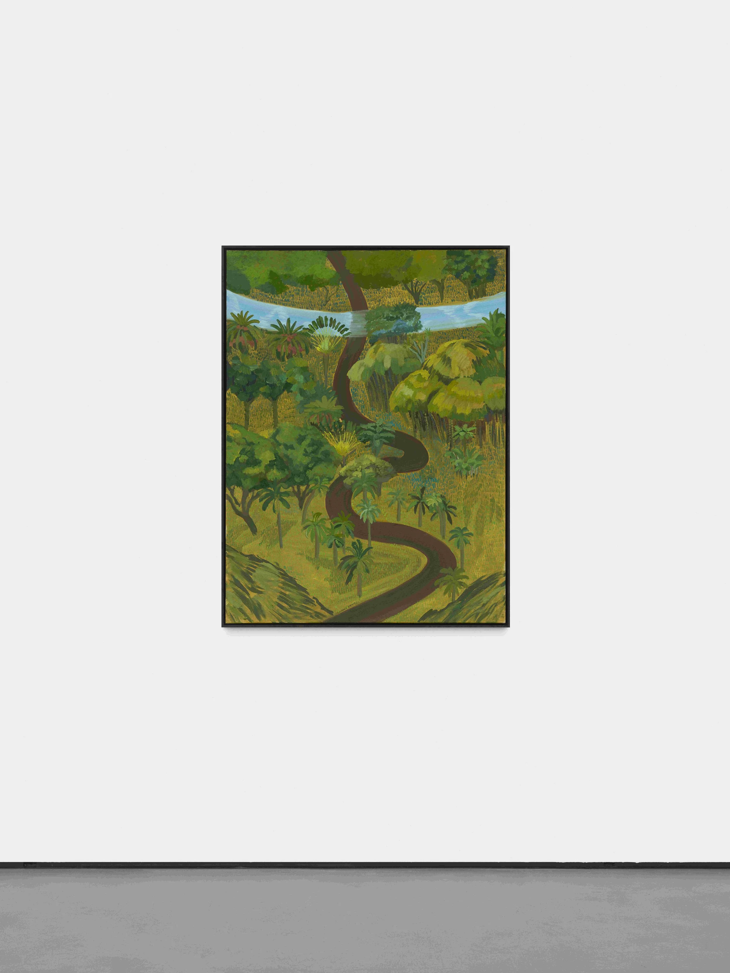 Painting of a lush green landscape with a winding river and dense trees