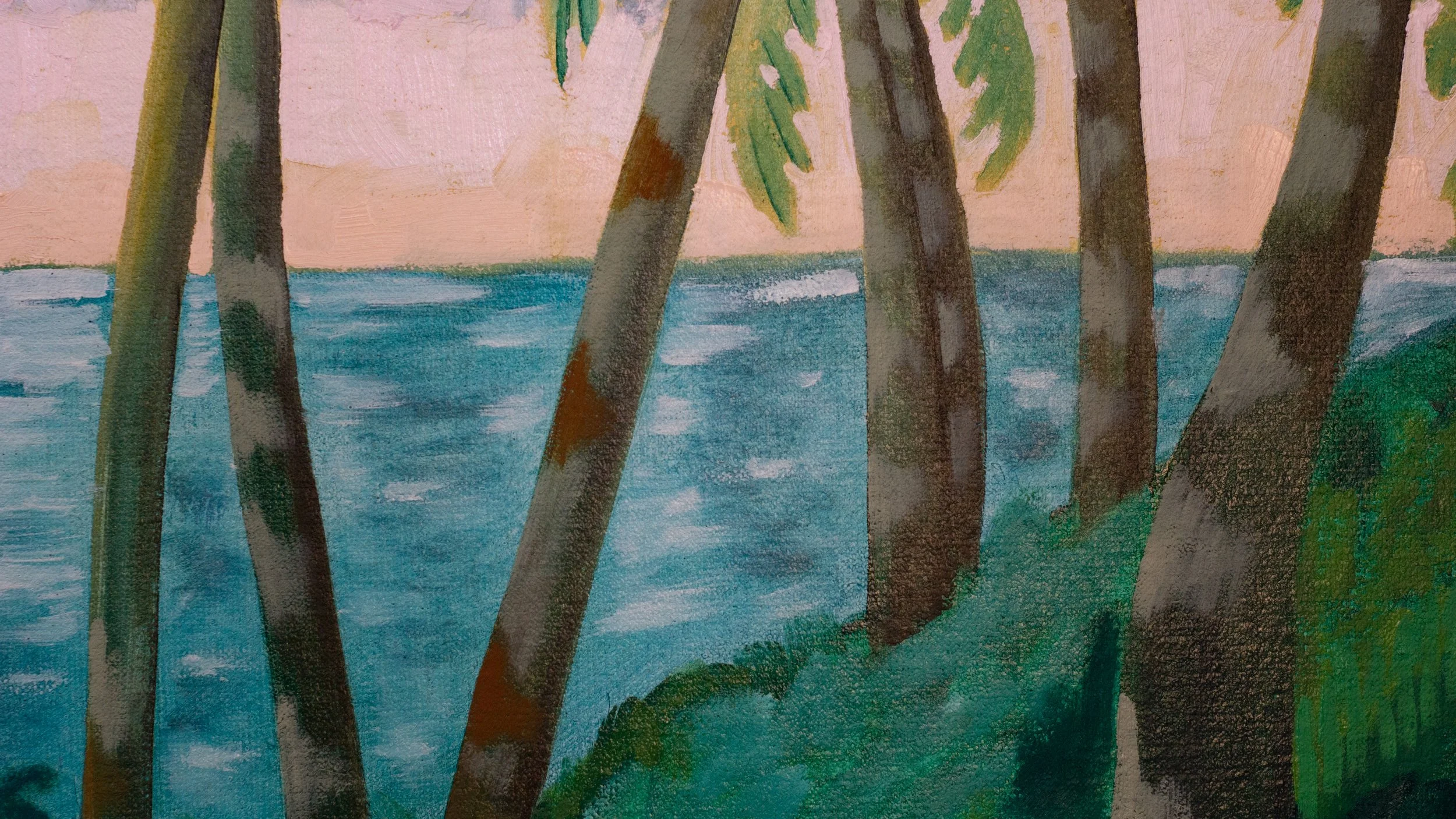 Painting of a lakeside scene with trees and green foliage, pink sky, and blue water.