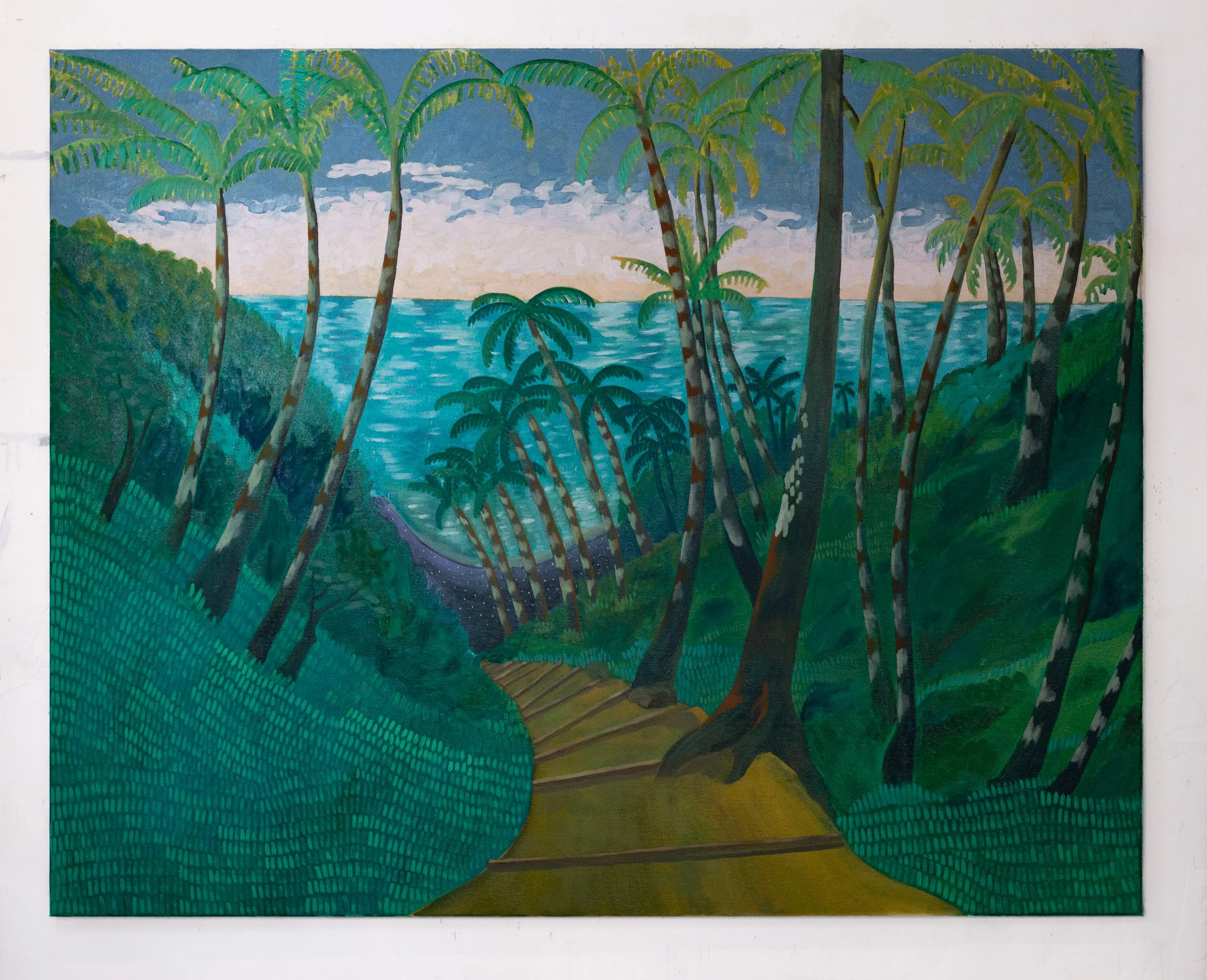 A vibrant painting of a tropical landscape with tall palm trees, a pathway, and a view of the ocean at sunset or sunrise.