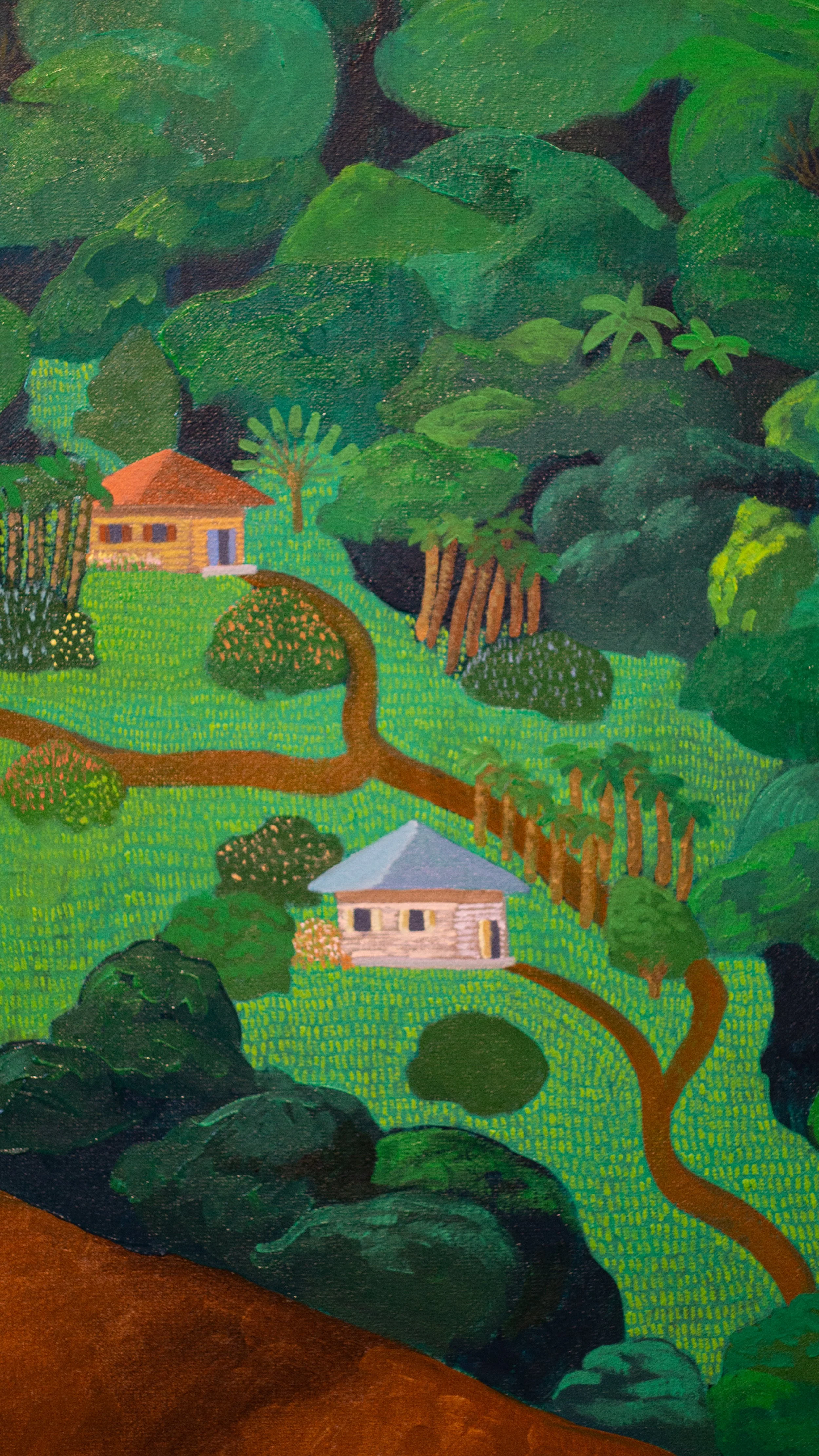 Colorful painting of a rural landscape with houses, trees, and winding paths on green hills.