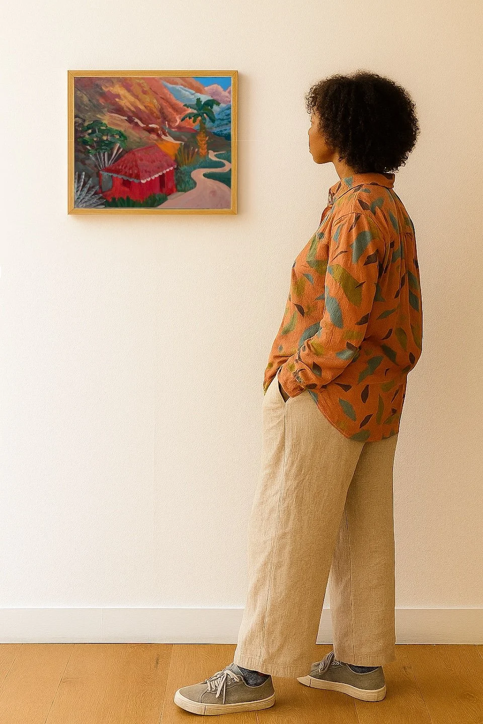 Woman observing a colorful landscape painting at an art gallery.
