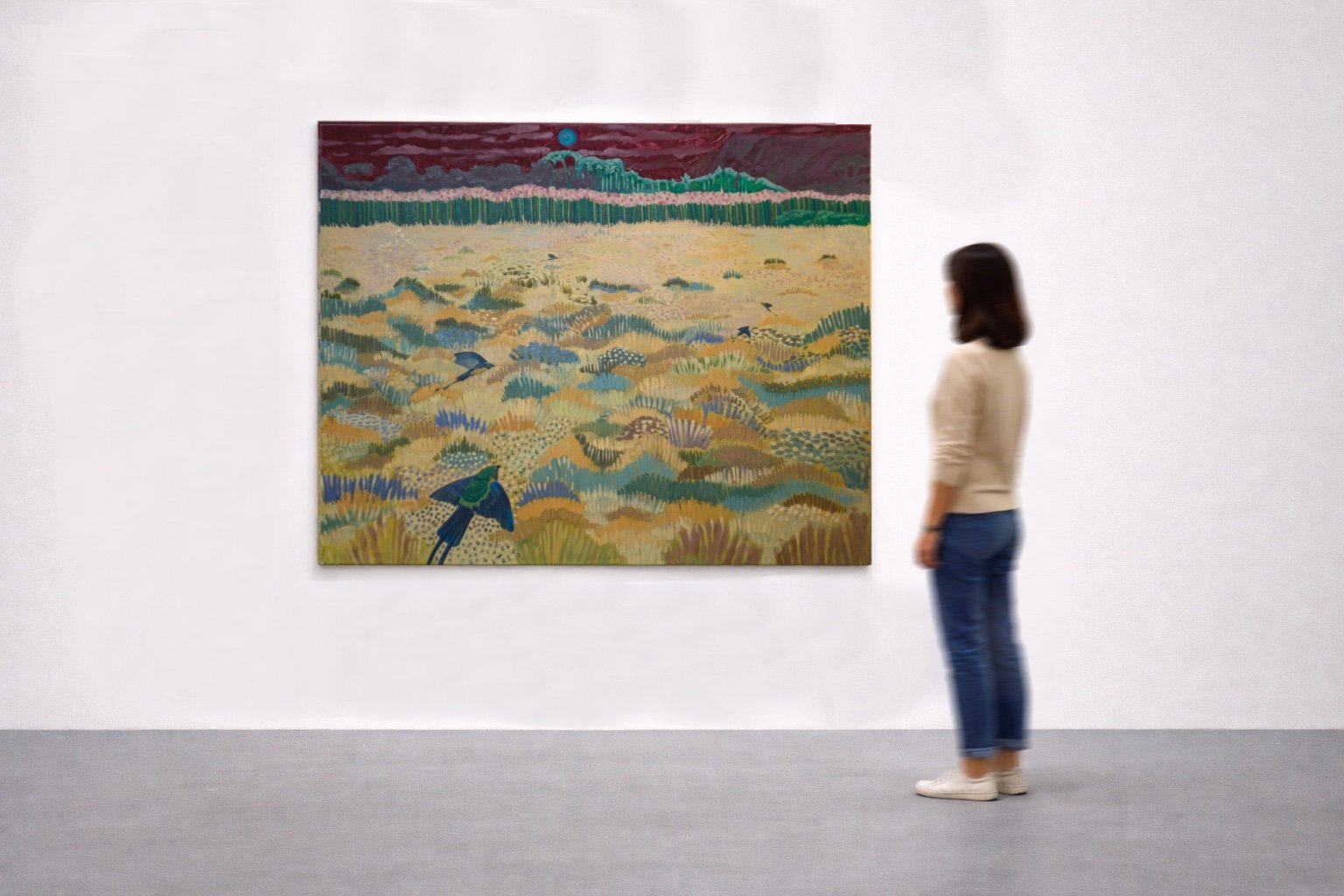 A woman standing and looking at a colorful painting in an art gallery. The painting depicts a landscape with birds flying over a hilly, grassy area under a sky with a bright sun.