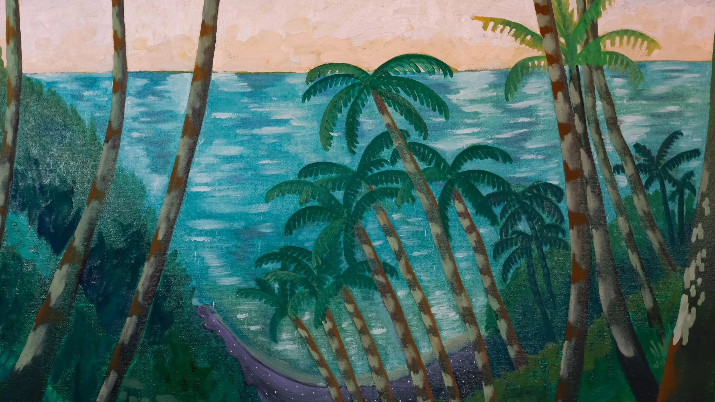 A colorful painting of a tropical landscape with palm trees, a body of water, and a purple dinosaur lying among green foliage.