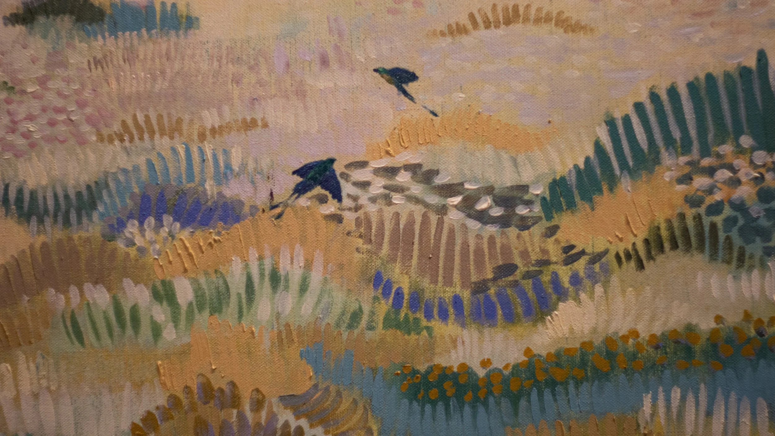 Abstract painting with brushstrokes of brown, pink, purple, green, blue, and beige, depicting two birds flying over a landscape.