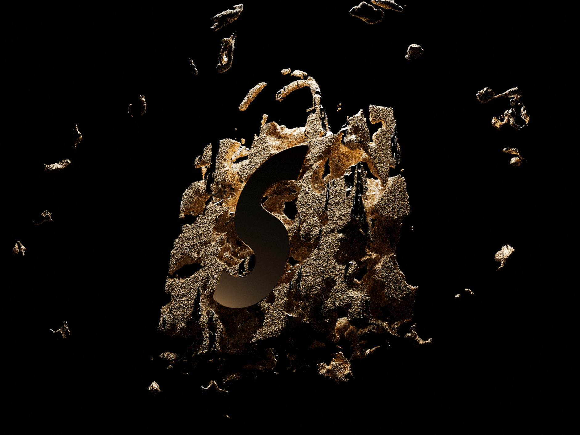 A digital depiction of a dollar sign exploding into fragments against a black background.